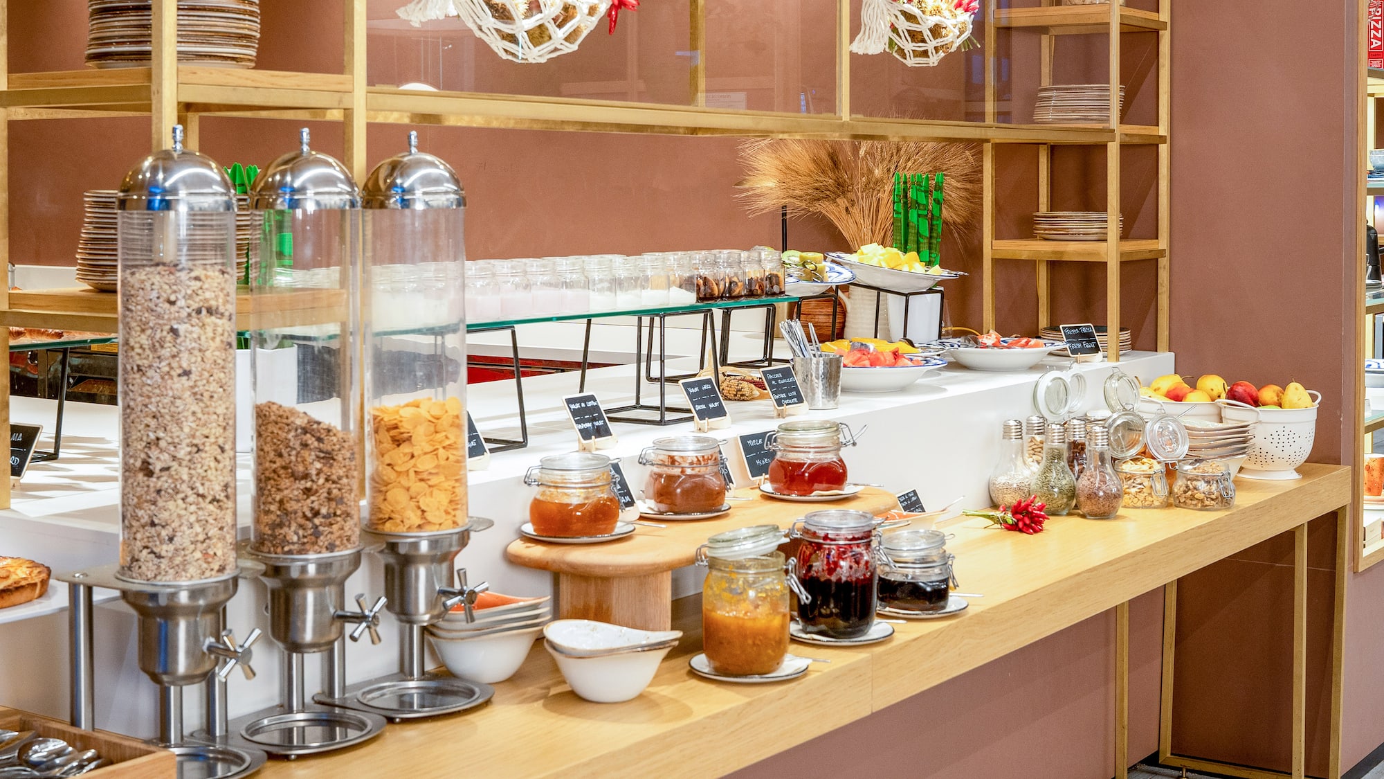 a buffet table with different food items