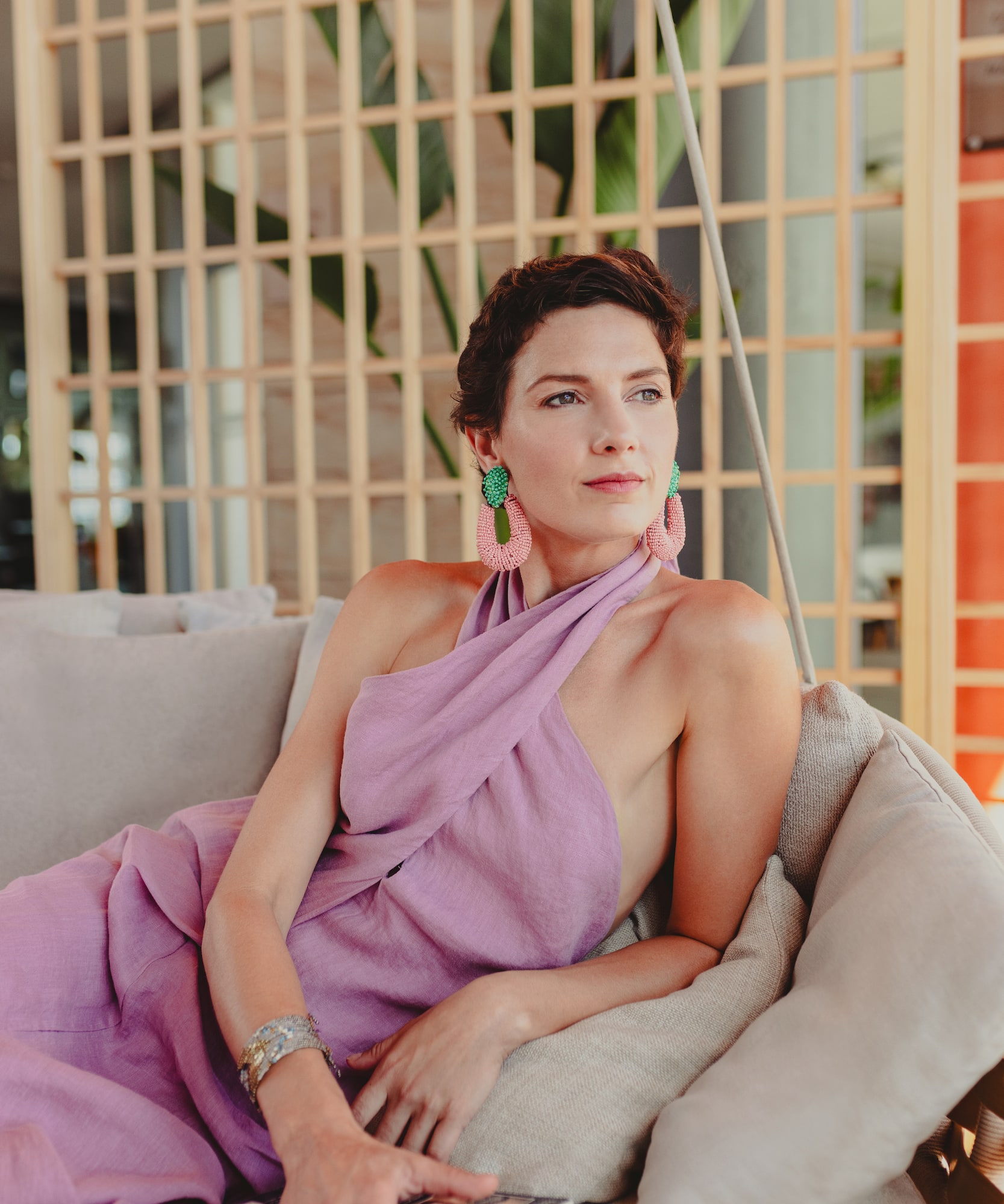 a woman sitting on a couch