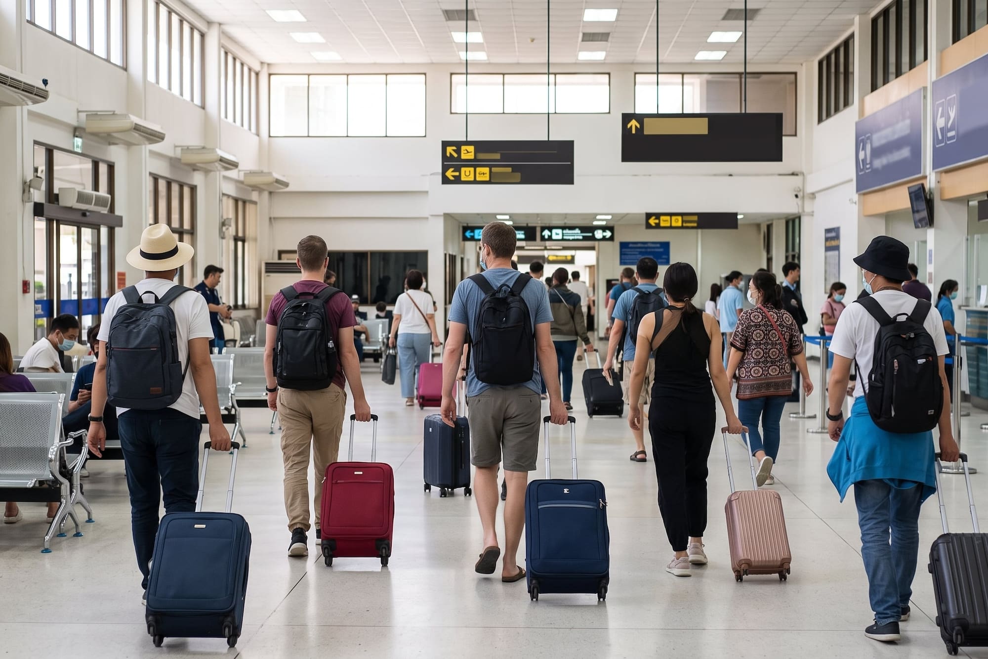 Passengers with luggage walking through a bright airport terminal.