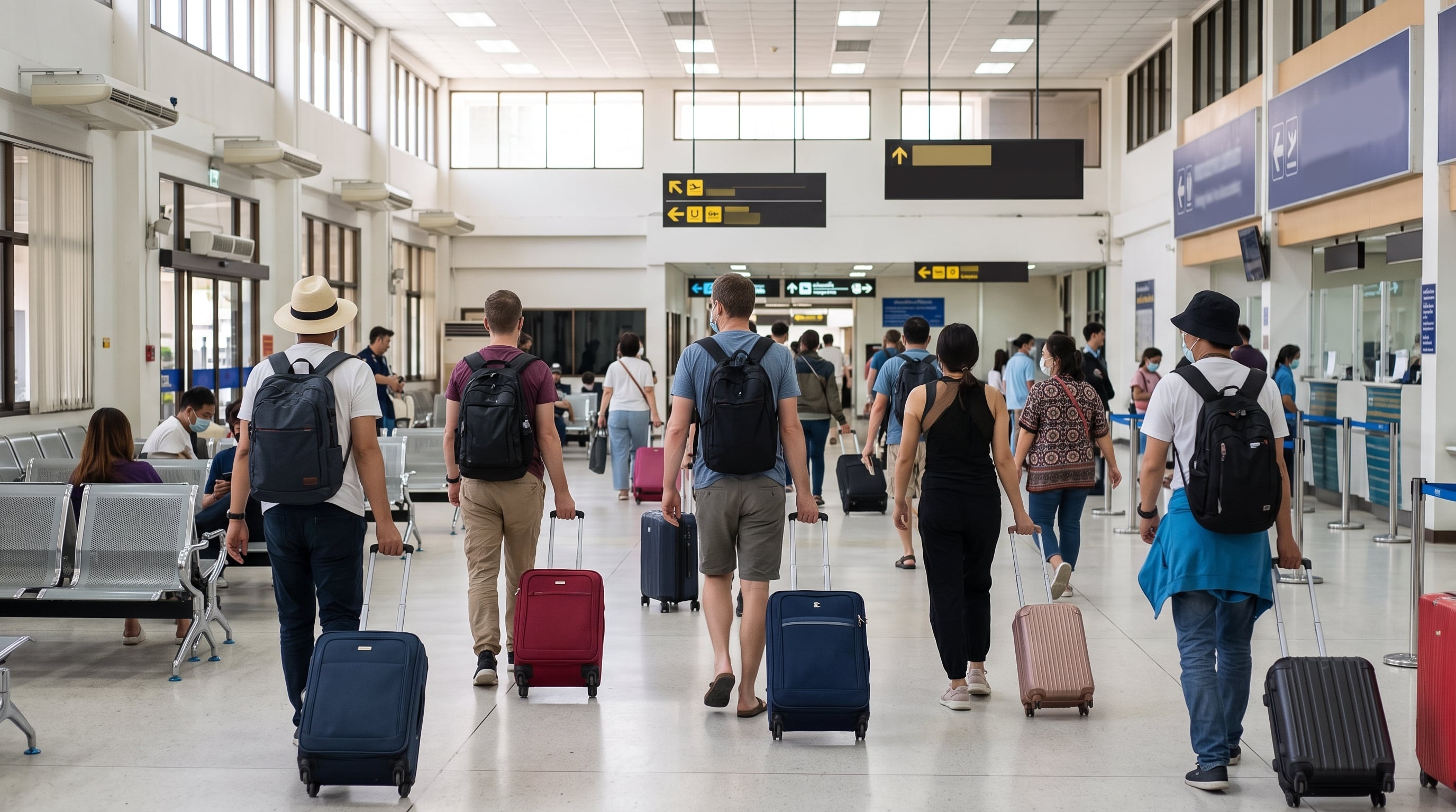 Passengers with luggage walking through a bright airport terminal.