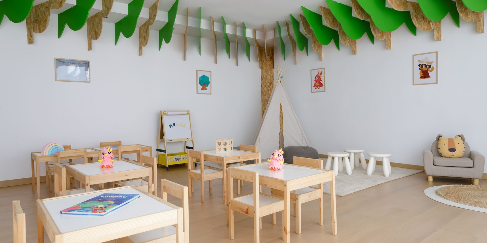 a room with tables and chairs