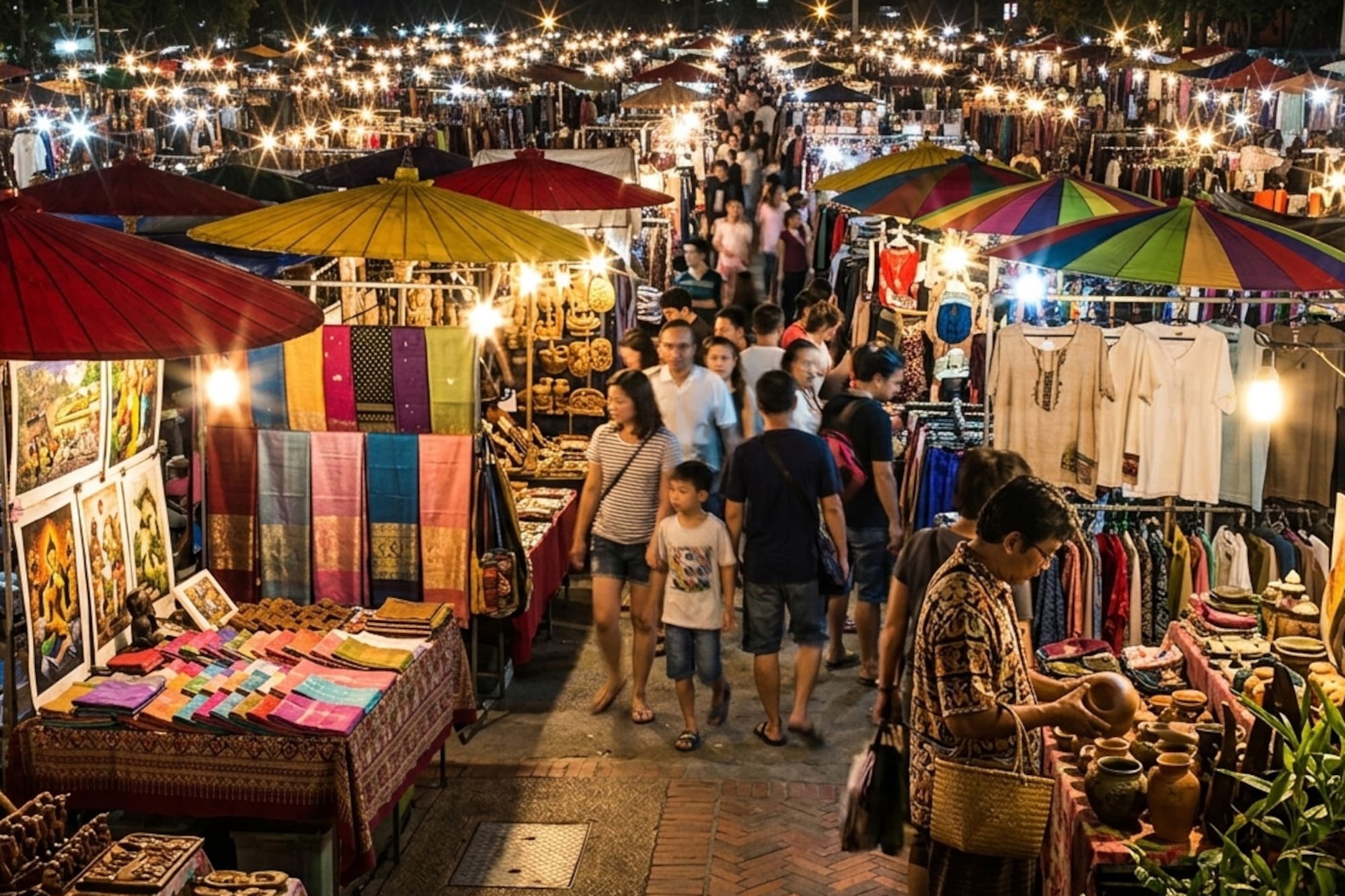Crowded night market with colorful stalls, people shopping for crafts and textiles.
