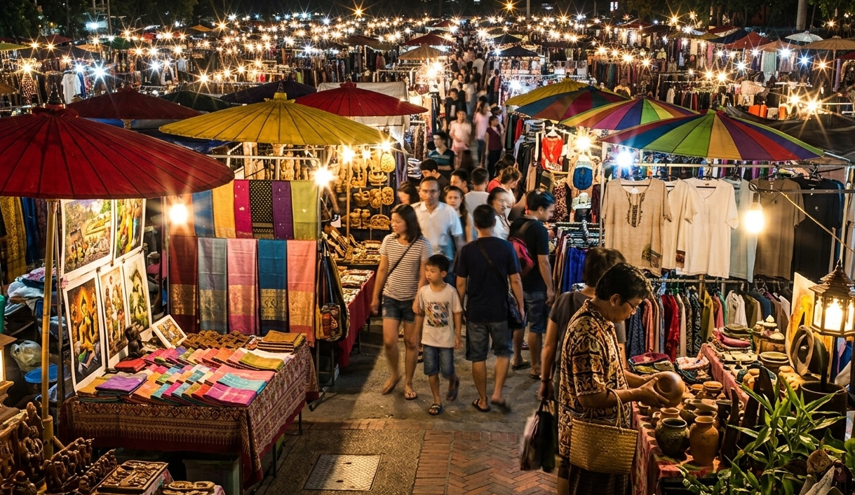 Crowded night market with colorful stalls, people shopping for crafts and textiles.