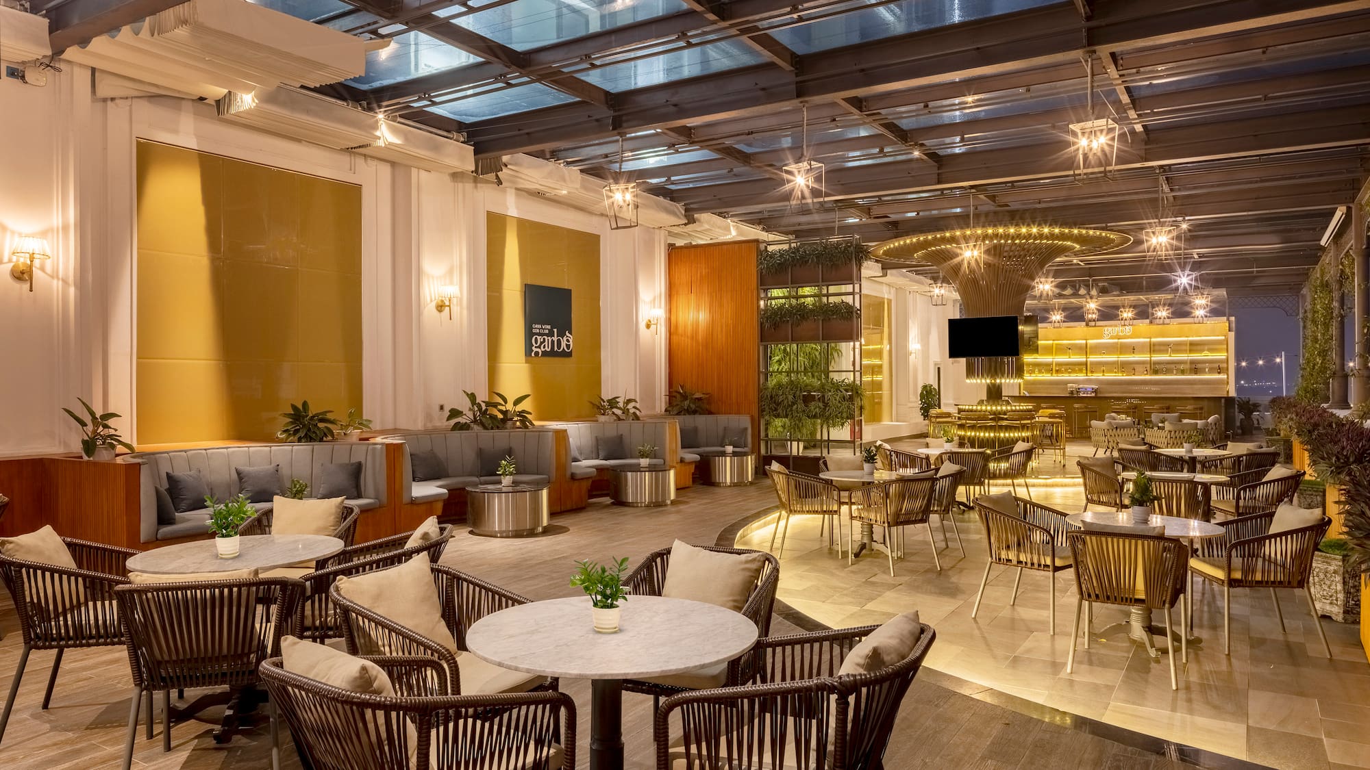 a room with tables and chairs