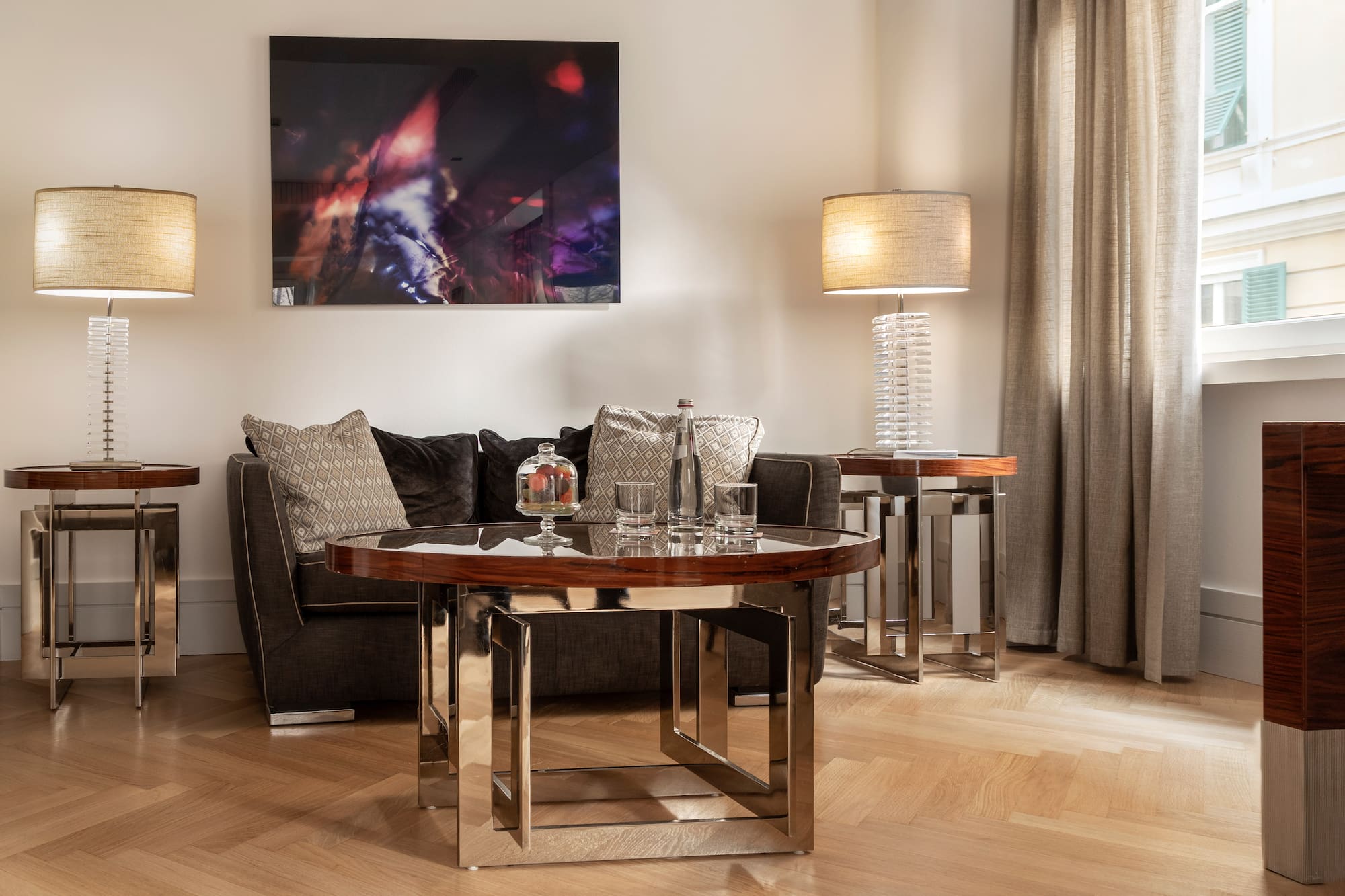 a living room with a couch and a coffee table