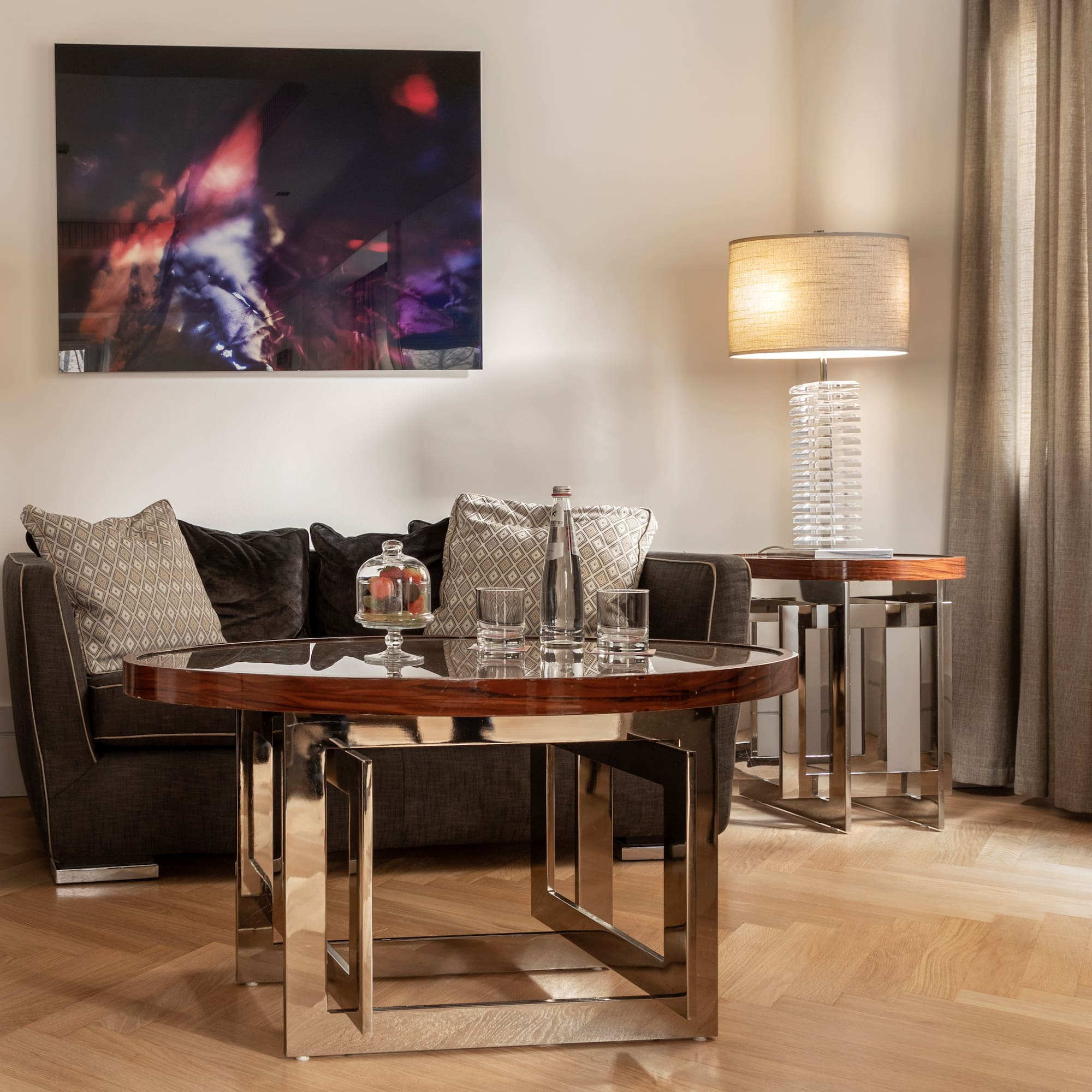 a living room with a couch and a coffee table