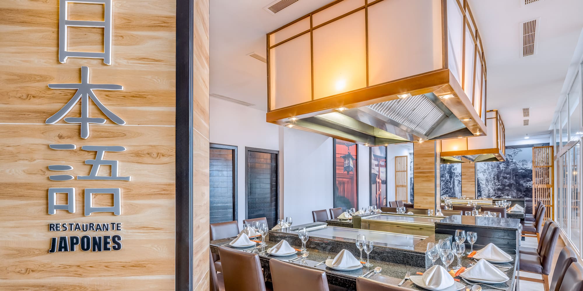 a restaurant with a large table set up