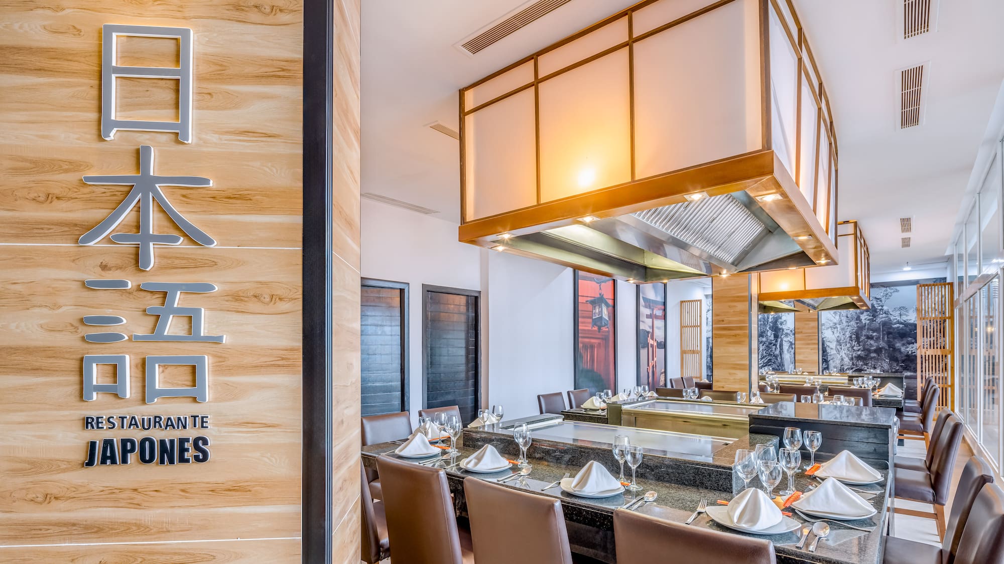 a restaurant with a large table set up