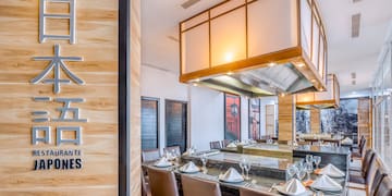 a restaurant with a large table set up