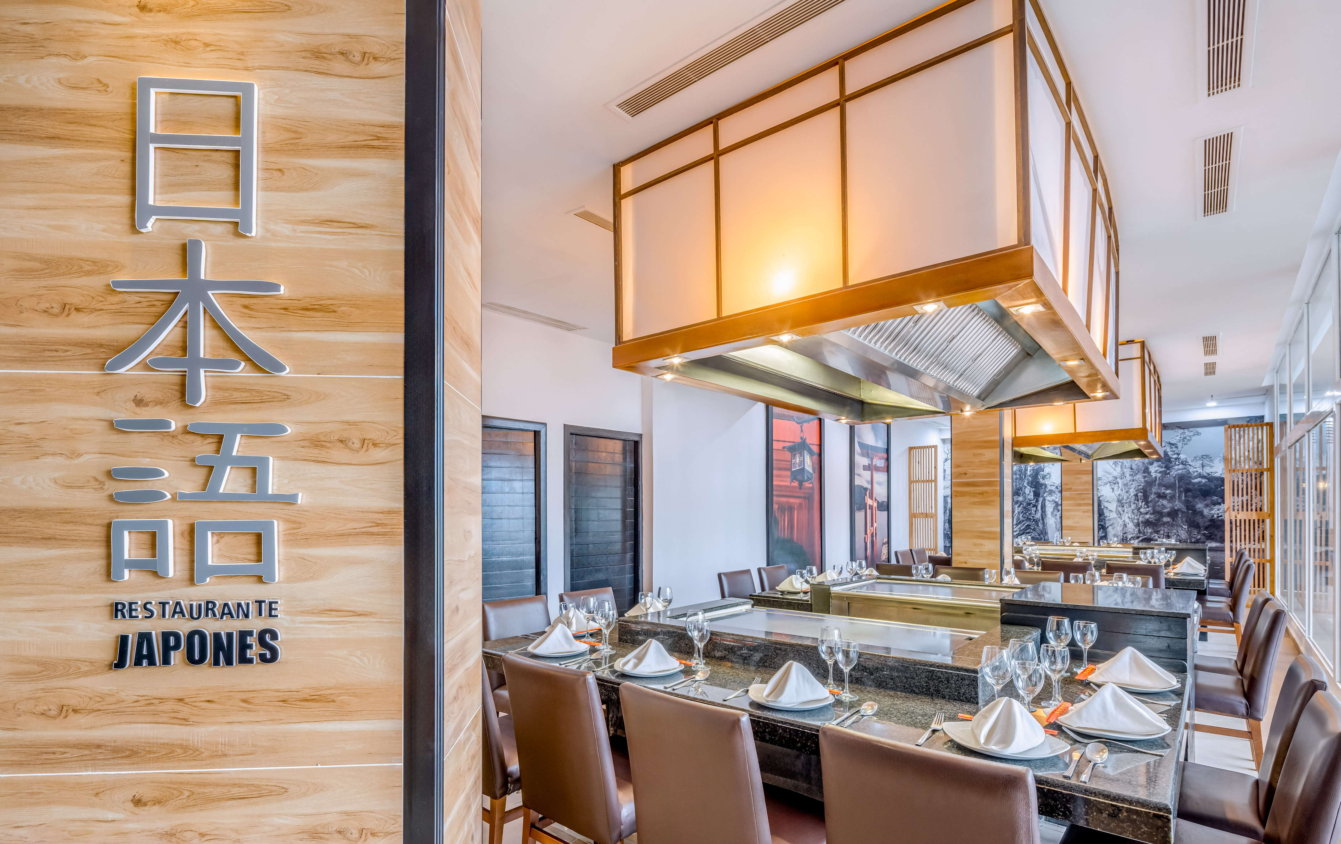 a restaurant with a large table set up