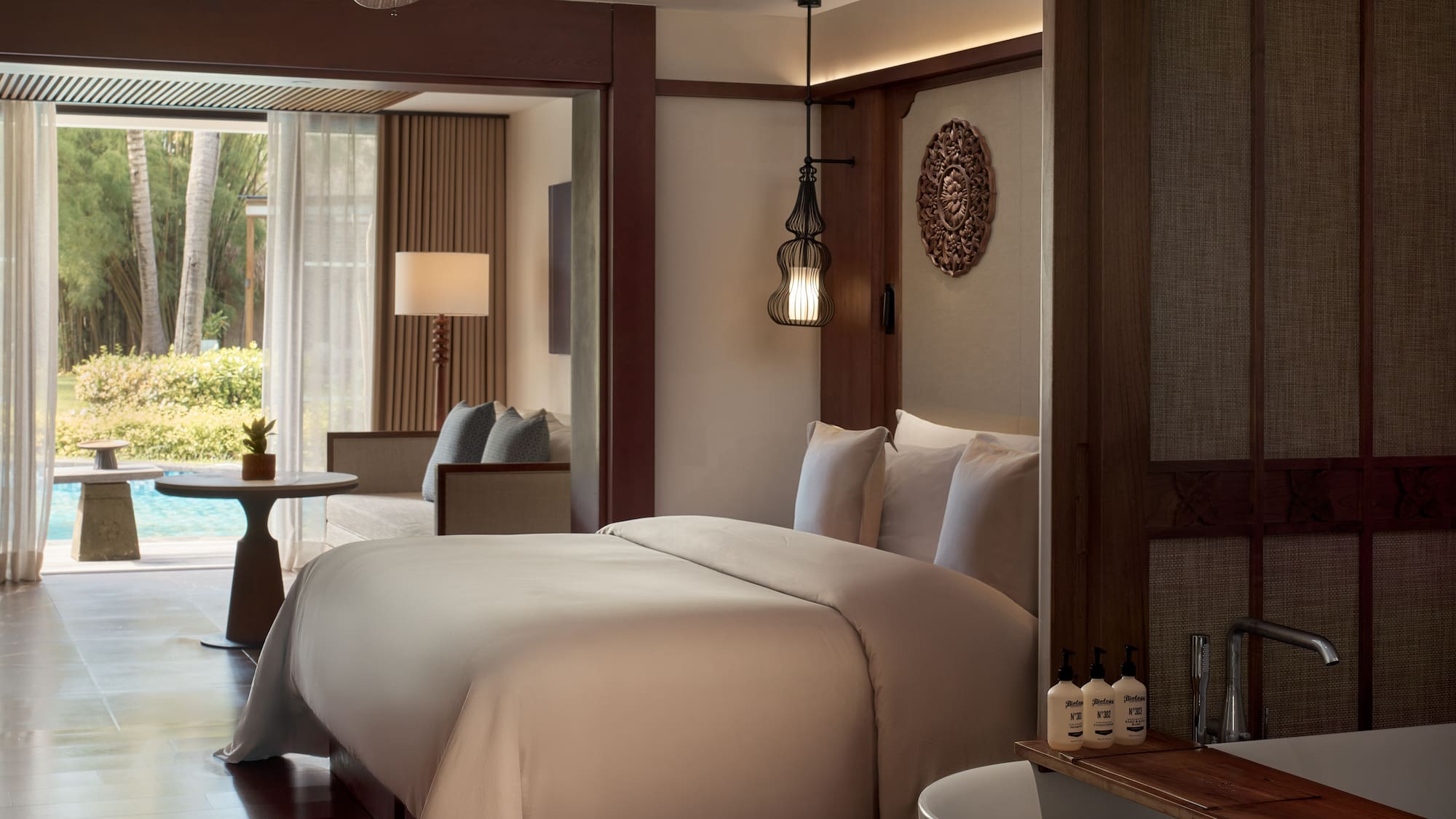 a room with a bed and a table