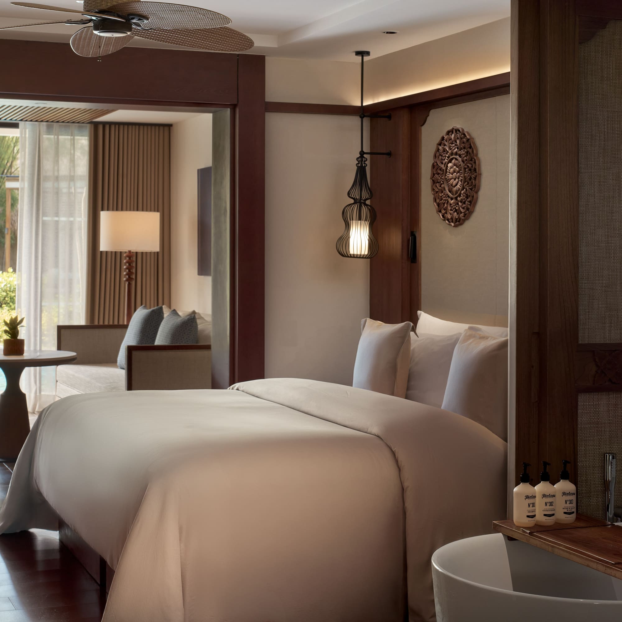 a room with a bed and a table