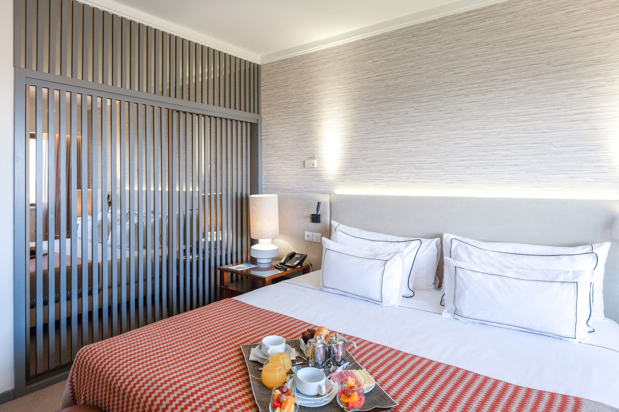 a bed with food on it