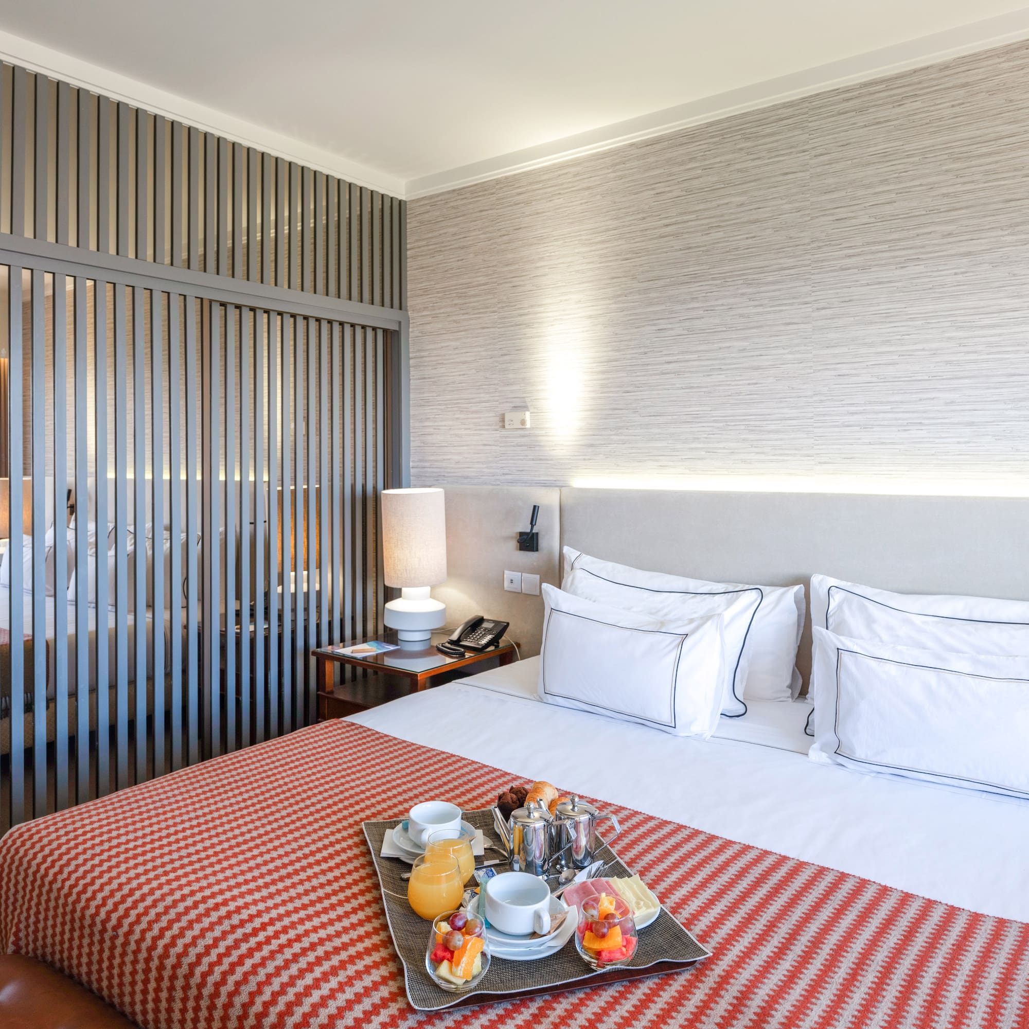 a bed with food on it