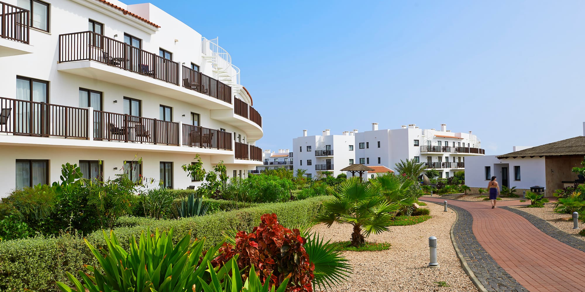 a white building with green plants and bushes
