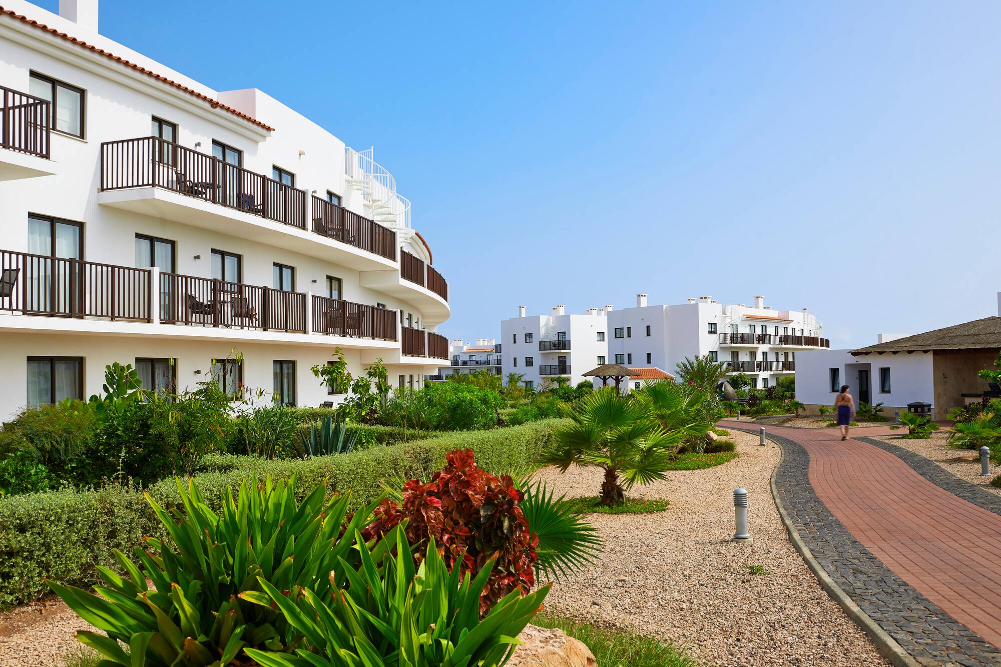 a white building with green plants and bushes