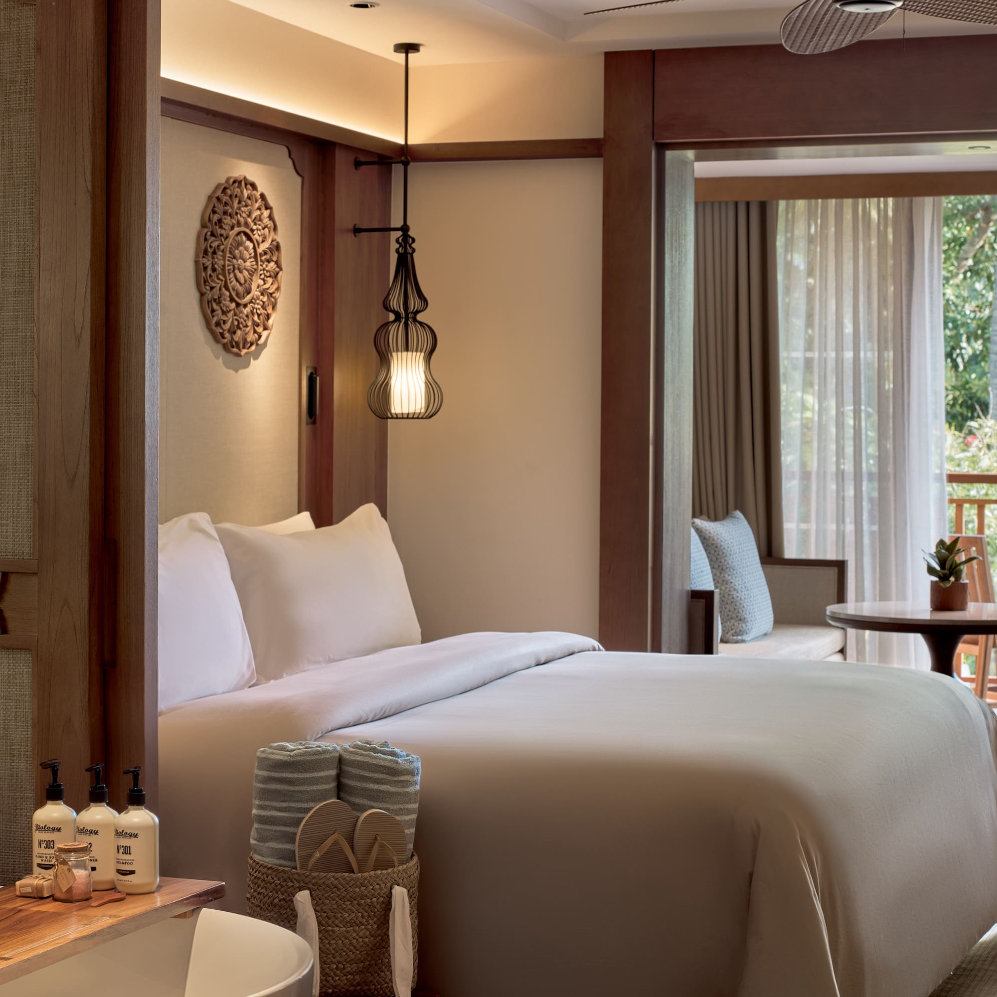 a room with a bed and a table