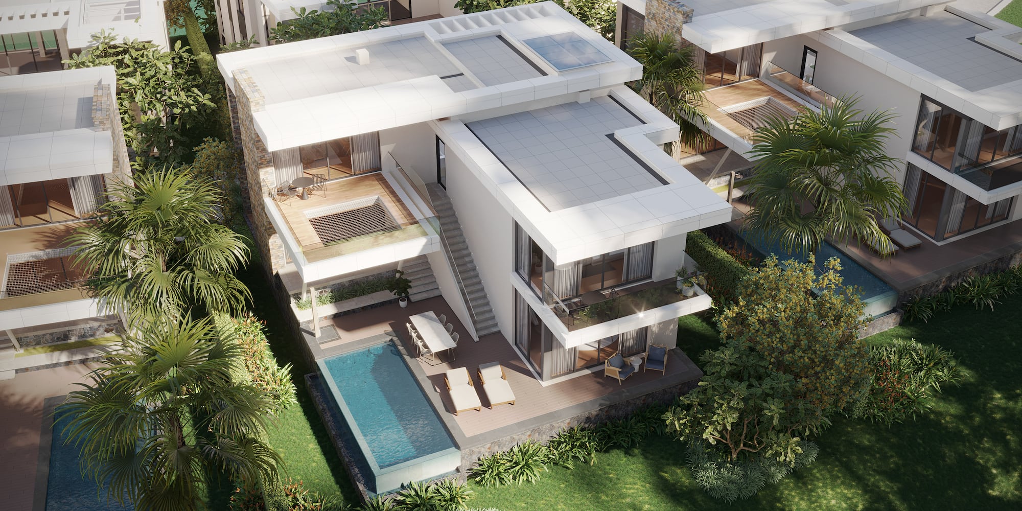 a living room with a round table and couches