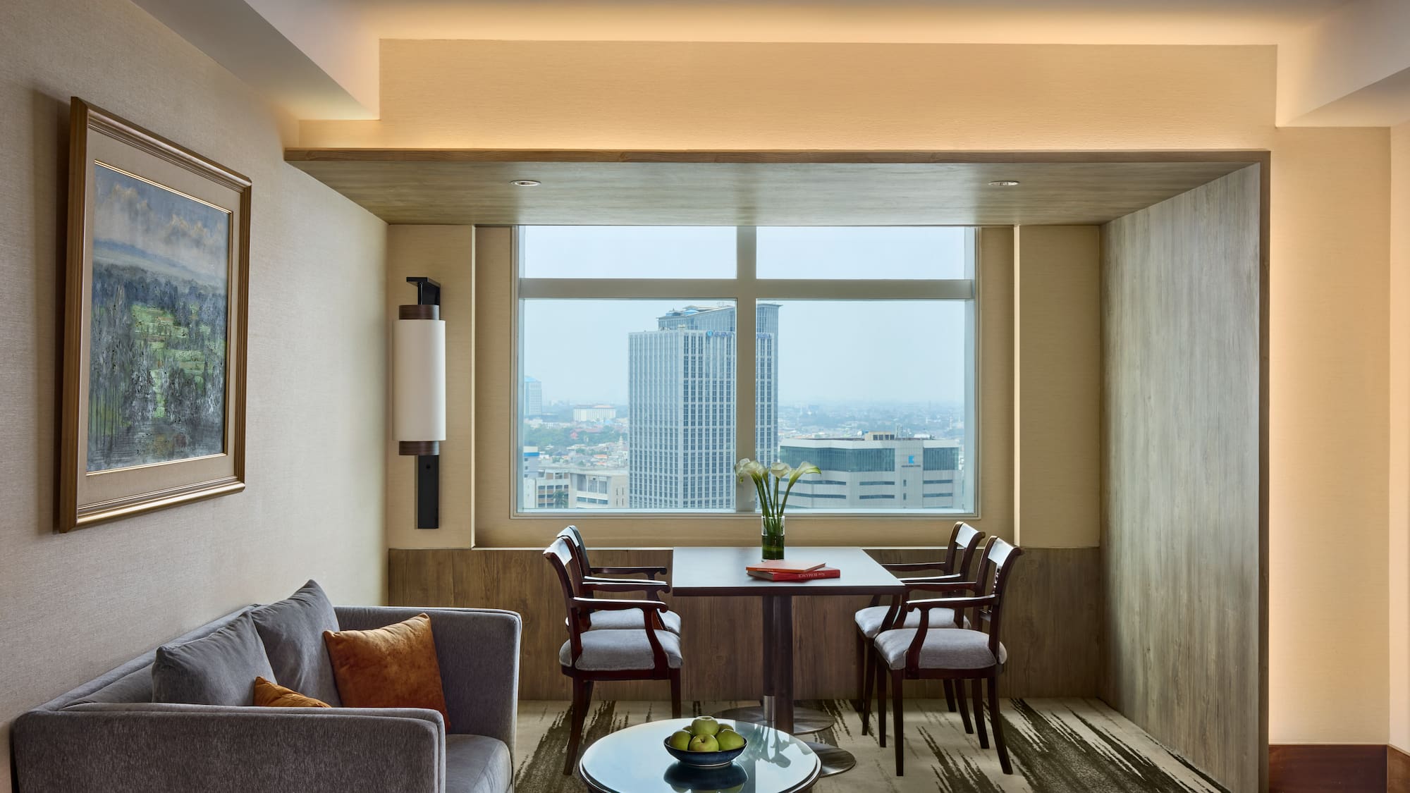 a room with a table and chairs