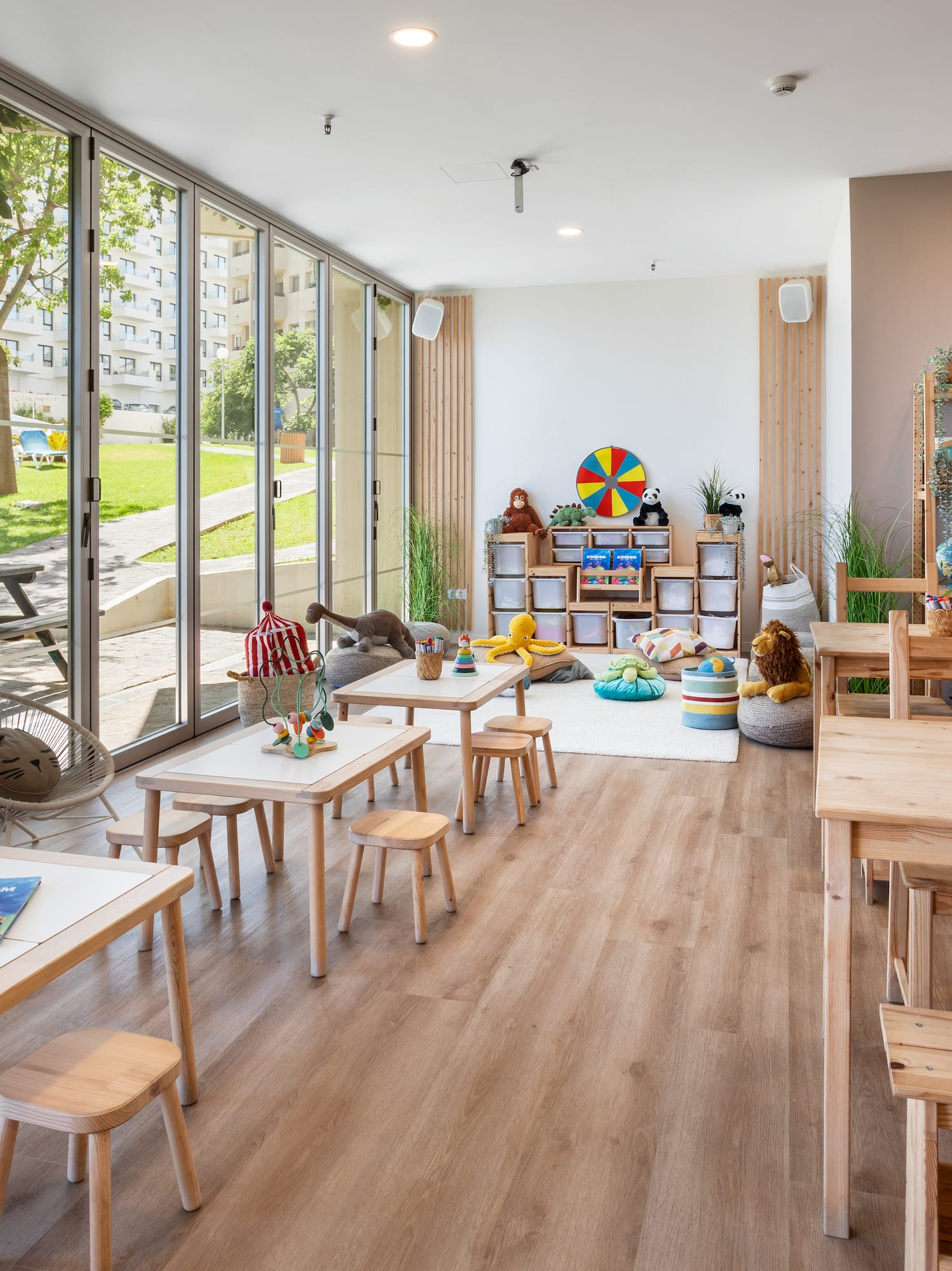 a room with tables and chairs