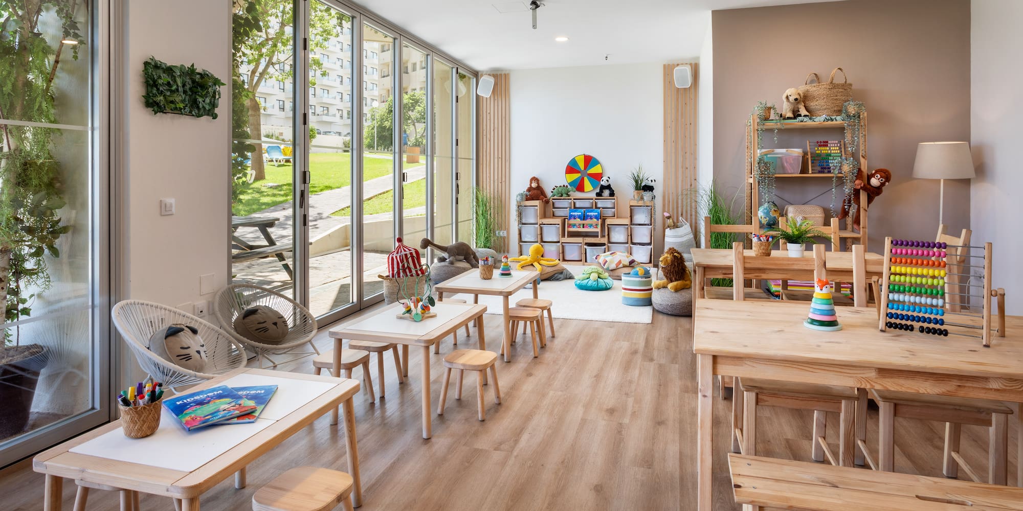 a room with tables and chairs