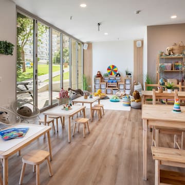 a room with tables and chairs