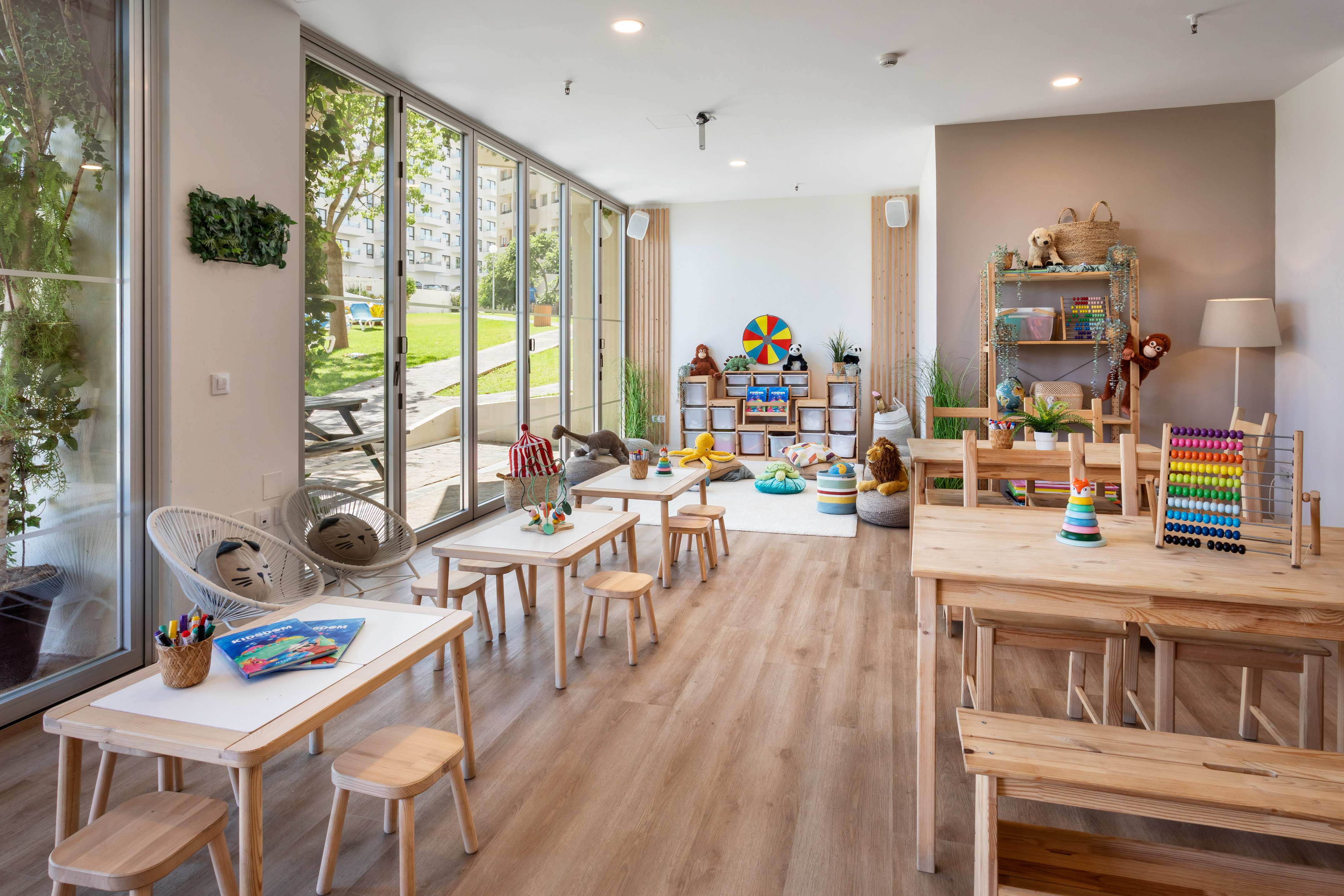 a room with tables and chairs