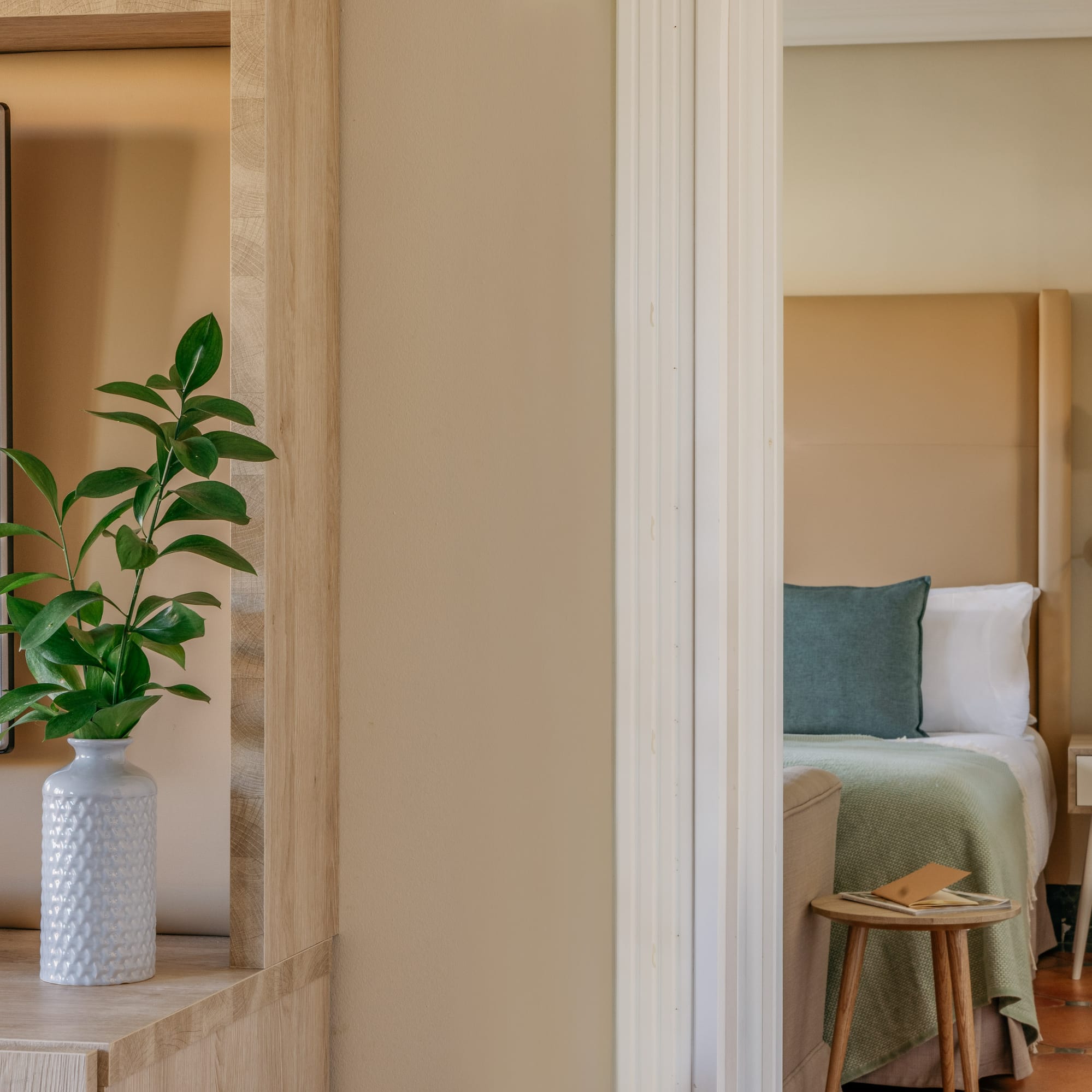 Modern hotel interior: plant, TV, and bedroom with bed and green blanket.
