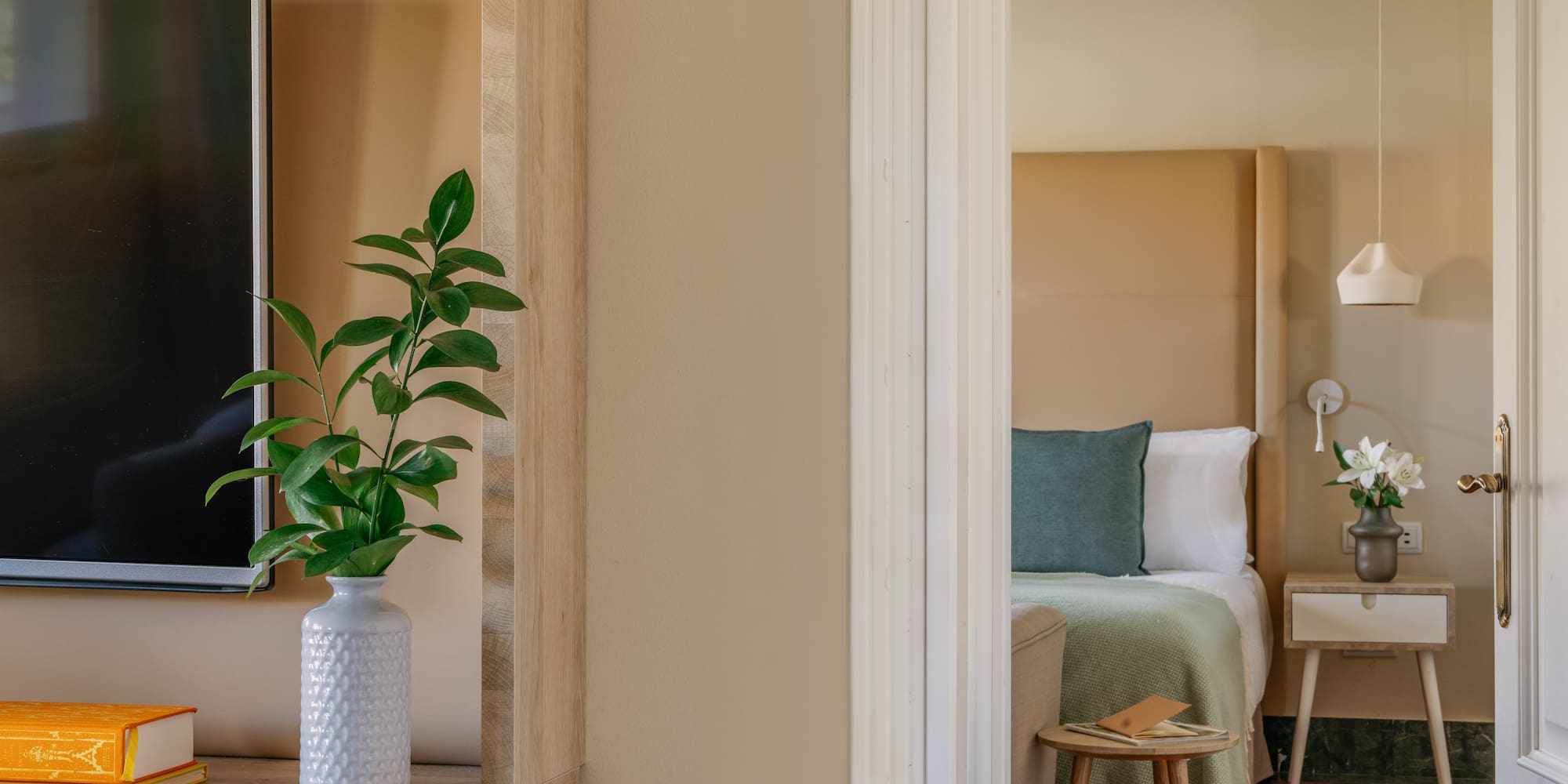 Modern hotel interior: plant, TV, and bedroom with bed and green blanket.
