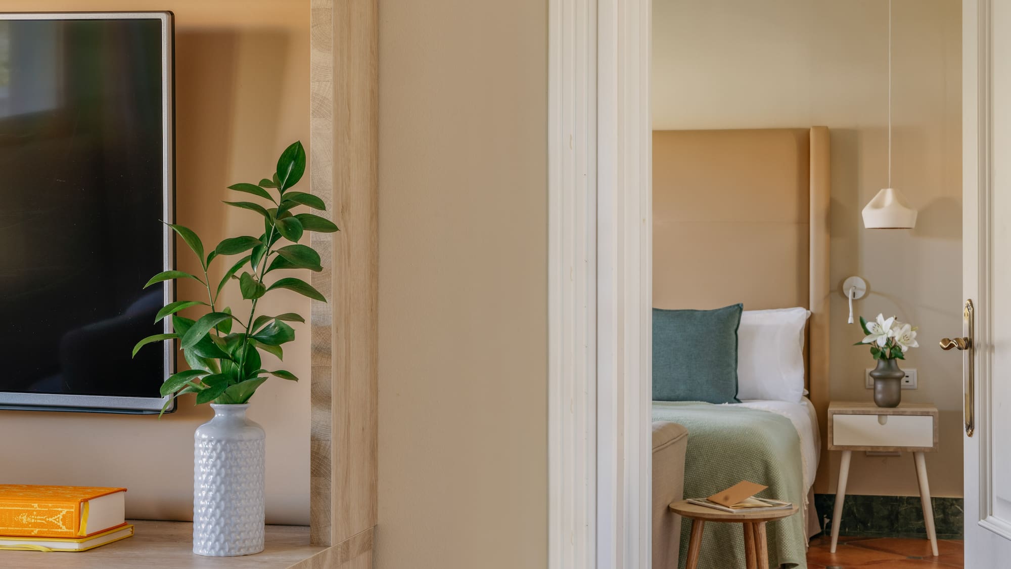 Modern hotel interior: plant, TV, and bedroom with bed and green blanket.