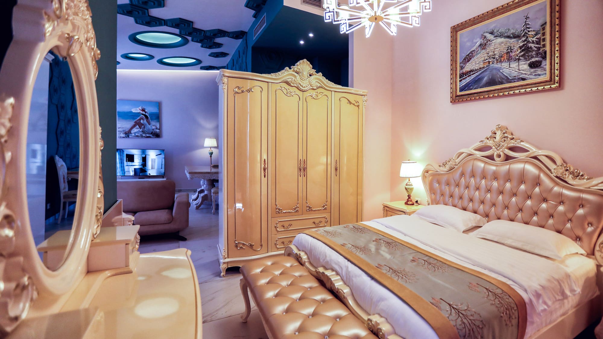 a bedroom with a bed and a wardrobe