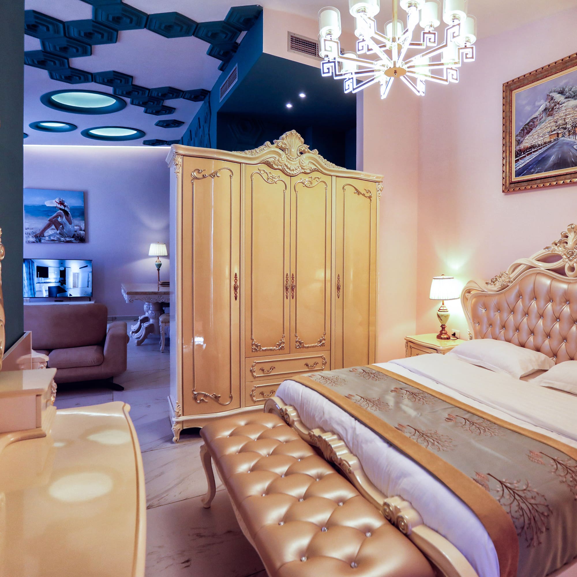 a bedroom with a bed and a wardrobe