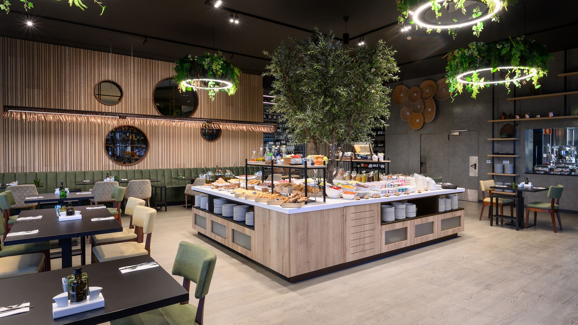 a restaurant with tables and chairs