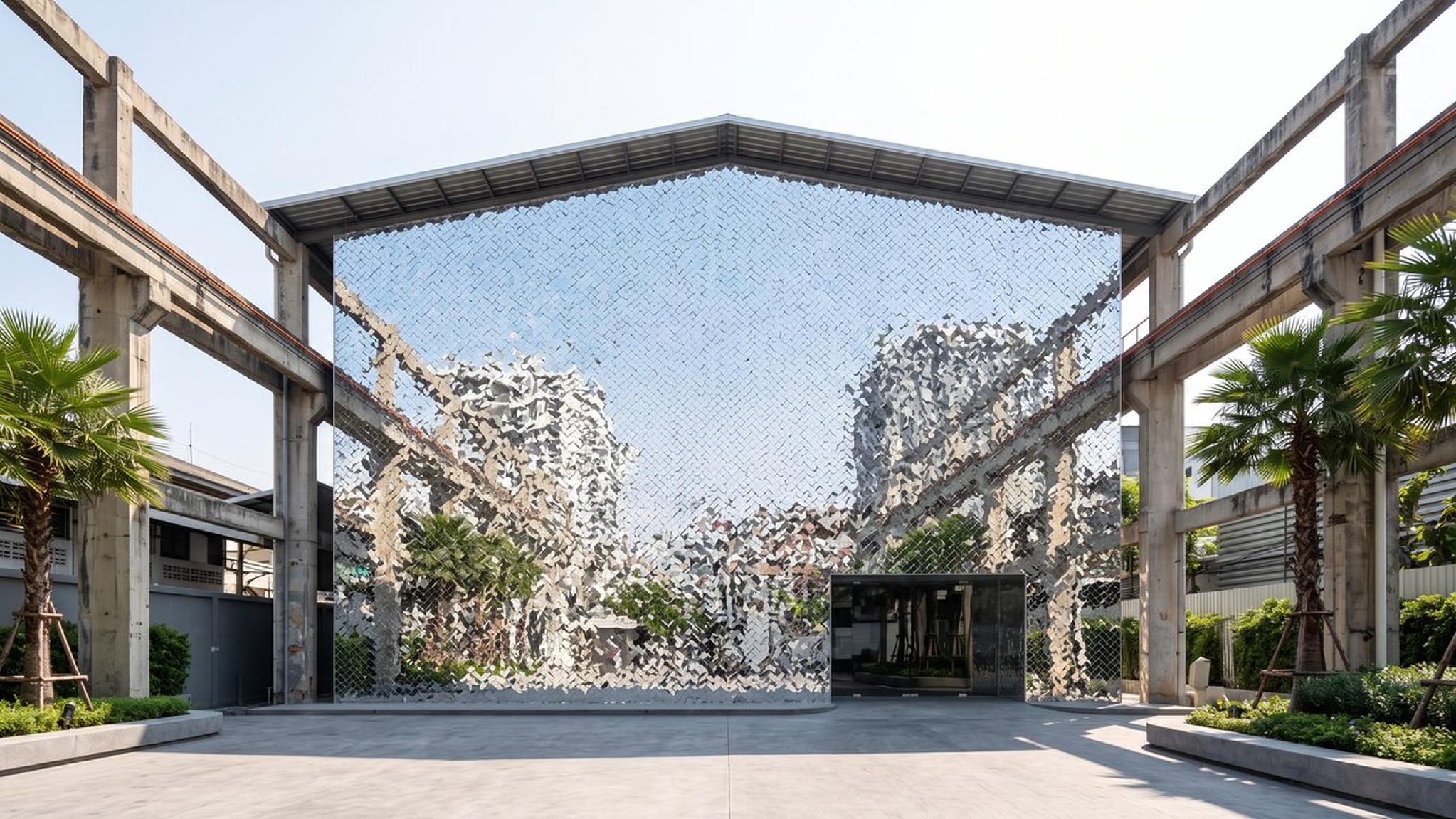 Fachada de edificio moderno con espejos pixelados, vigas de hormigón y palmeras.