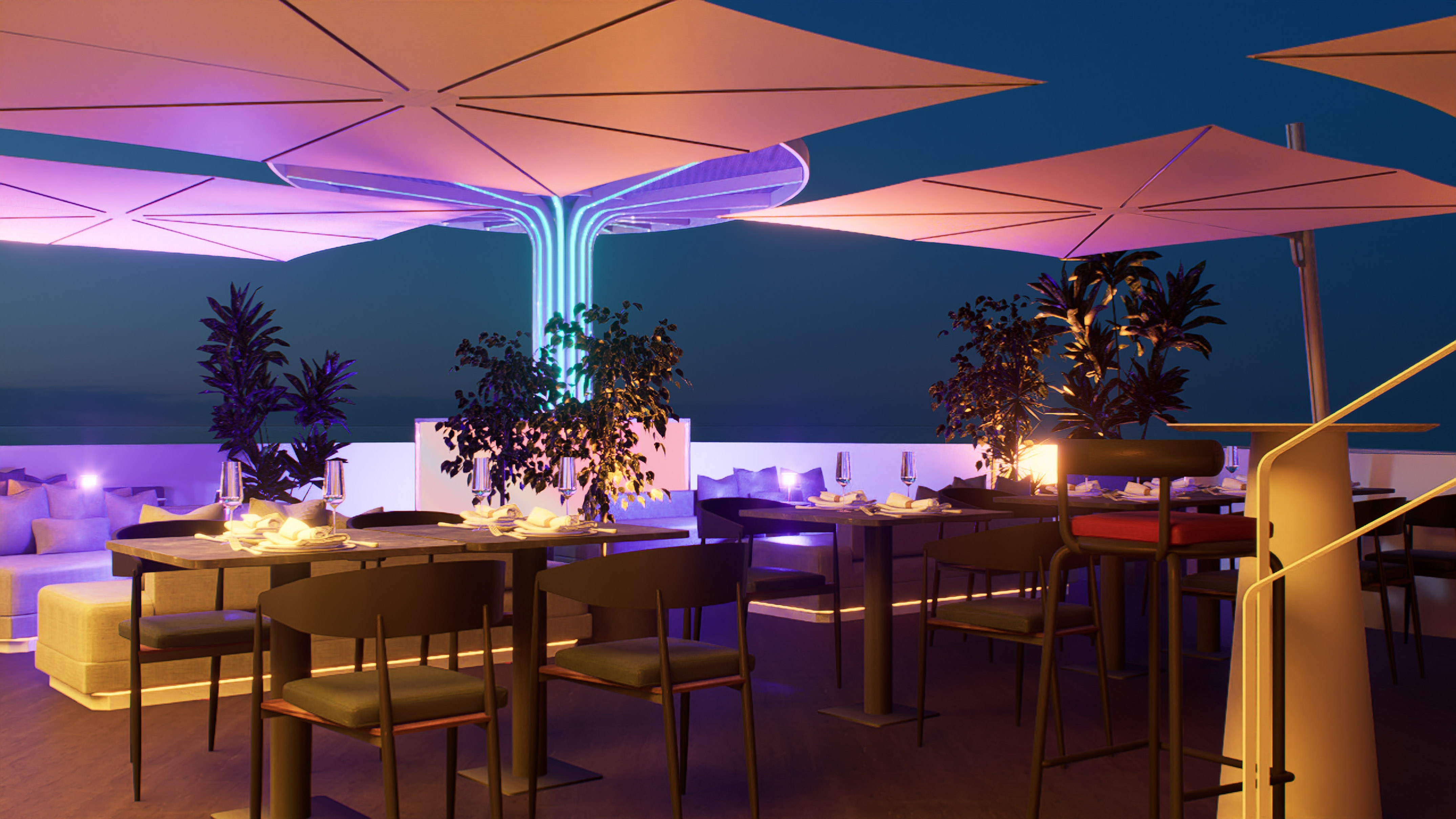 Rooftop lounge with purple ambient lighting, modern outdoor tables, and seating. - Rooftop Bar, Bar - INNSiDE Bugibba, Bugibba