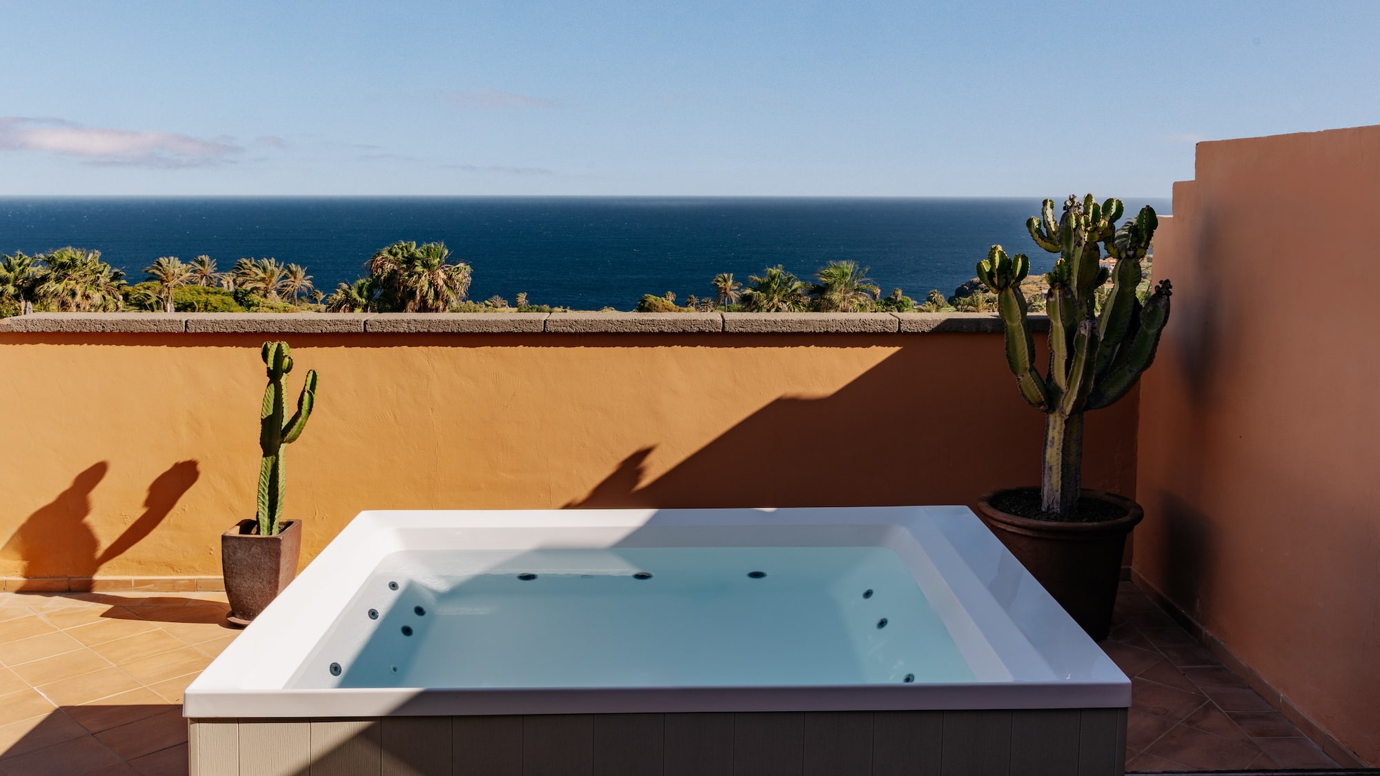 Ocean view hot tub on terracotta terrace with palm trees and cacti.