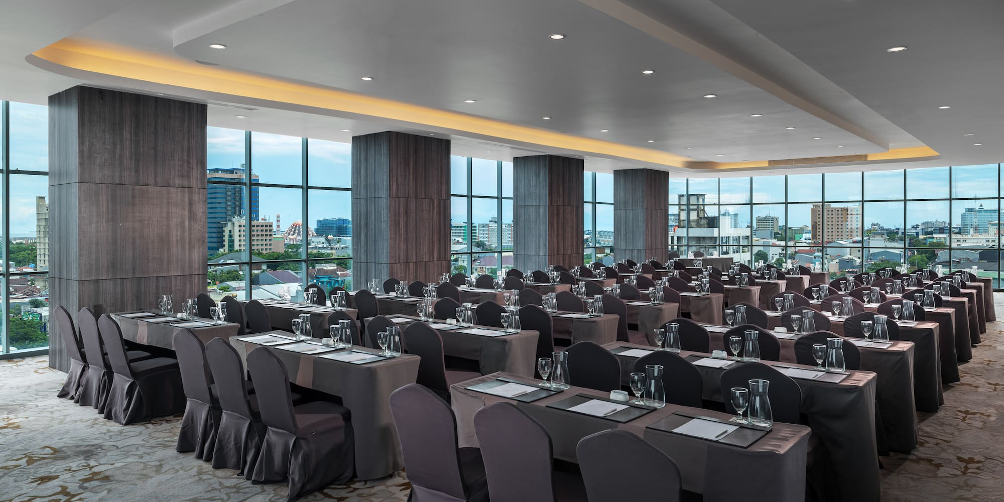 a room with tables and chairs