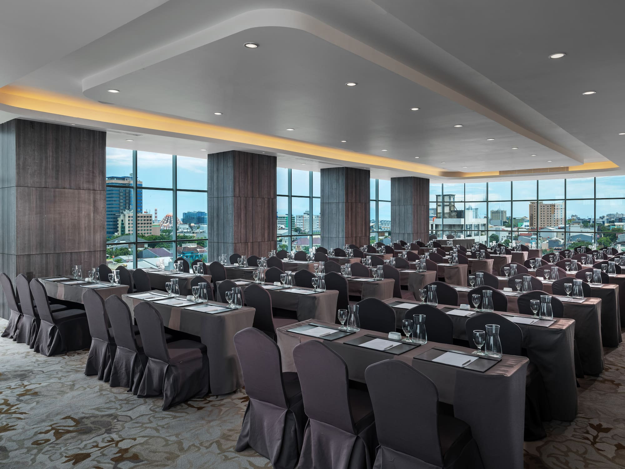 a room with tables and chairs