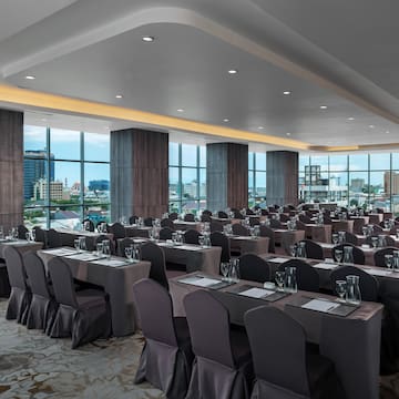 a room with tables and chairs