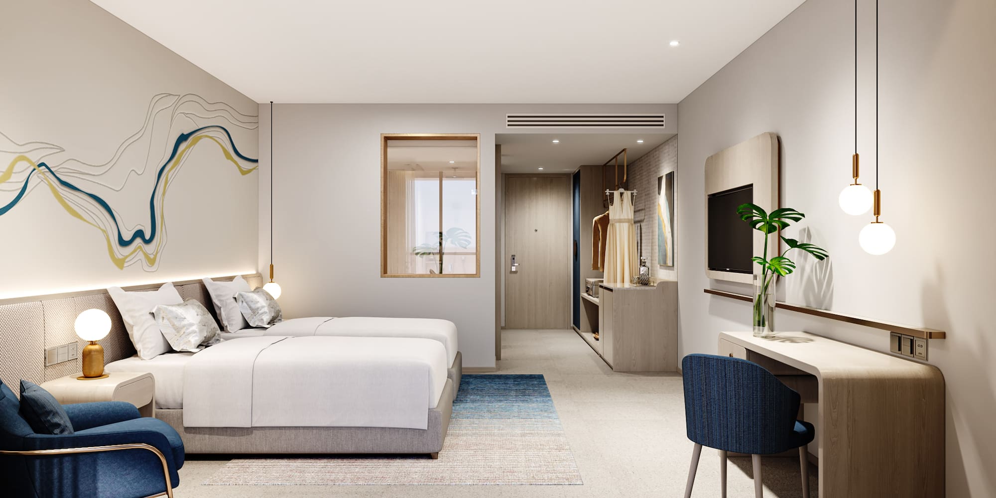 a bedroom with a bed and a tv