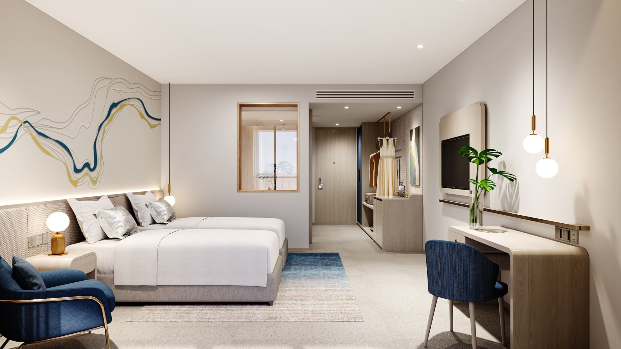 a bedroom with a bed and a tv