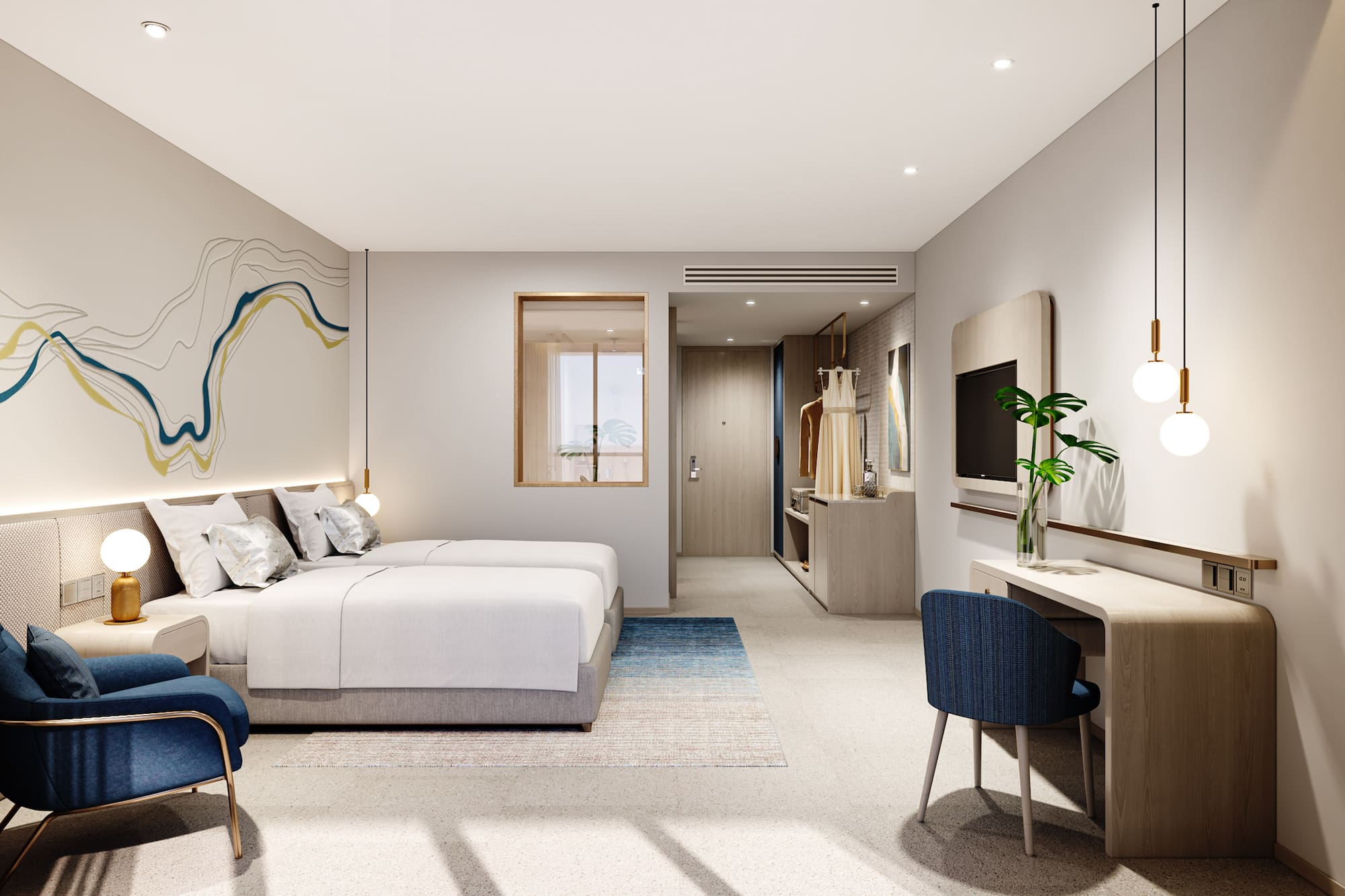 a bedroom with a bed and a tv