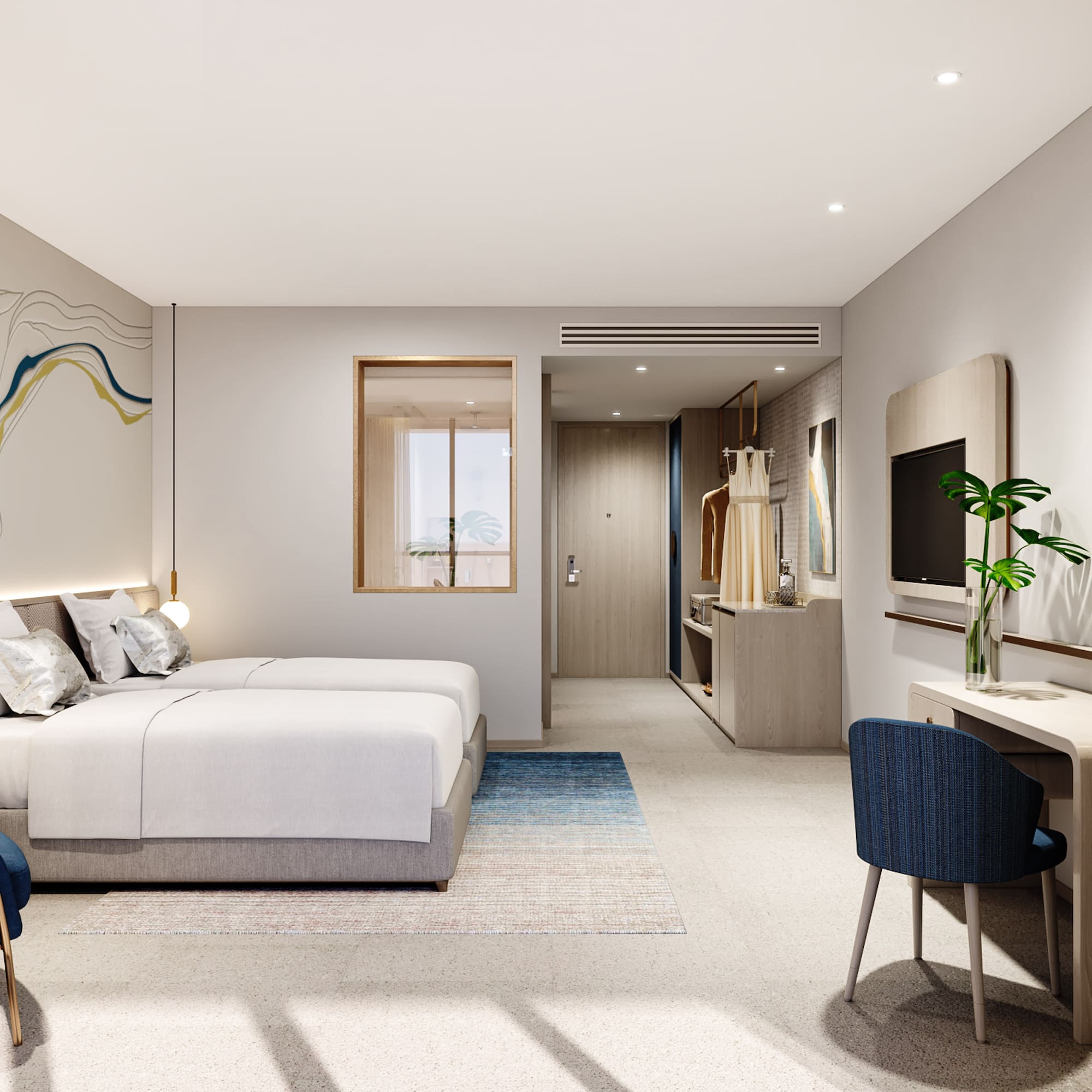 a bedroom with a bed and a tv