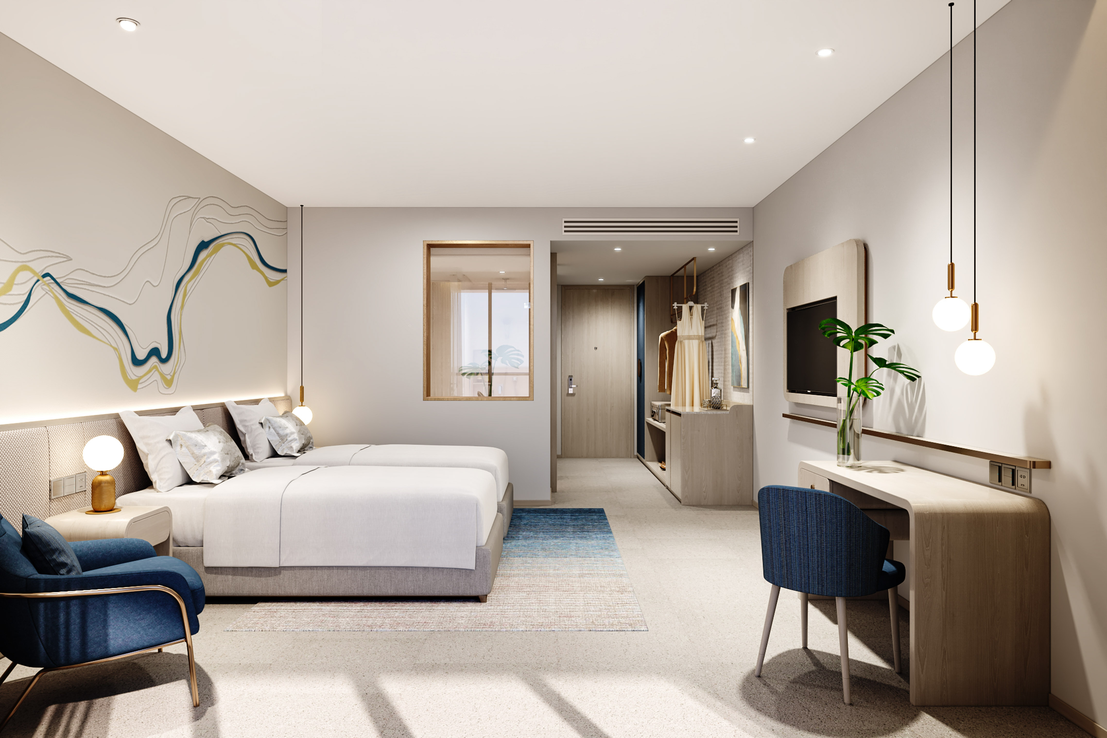 a bedroom with a bed and a tv