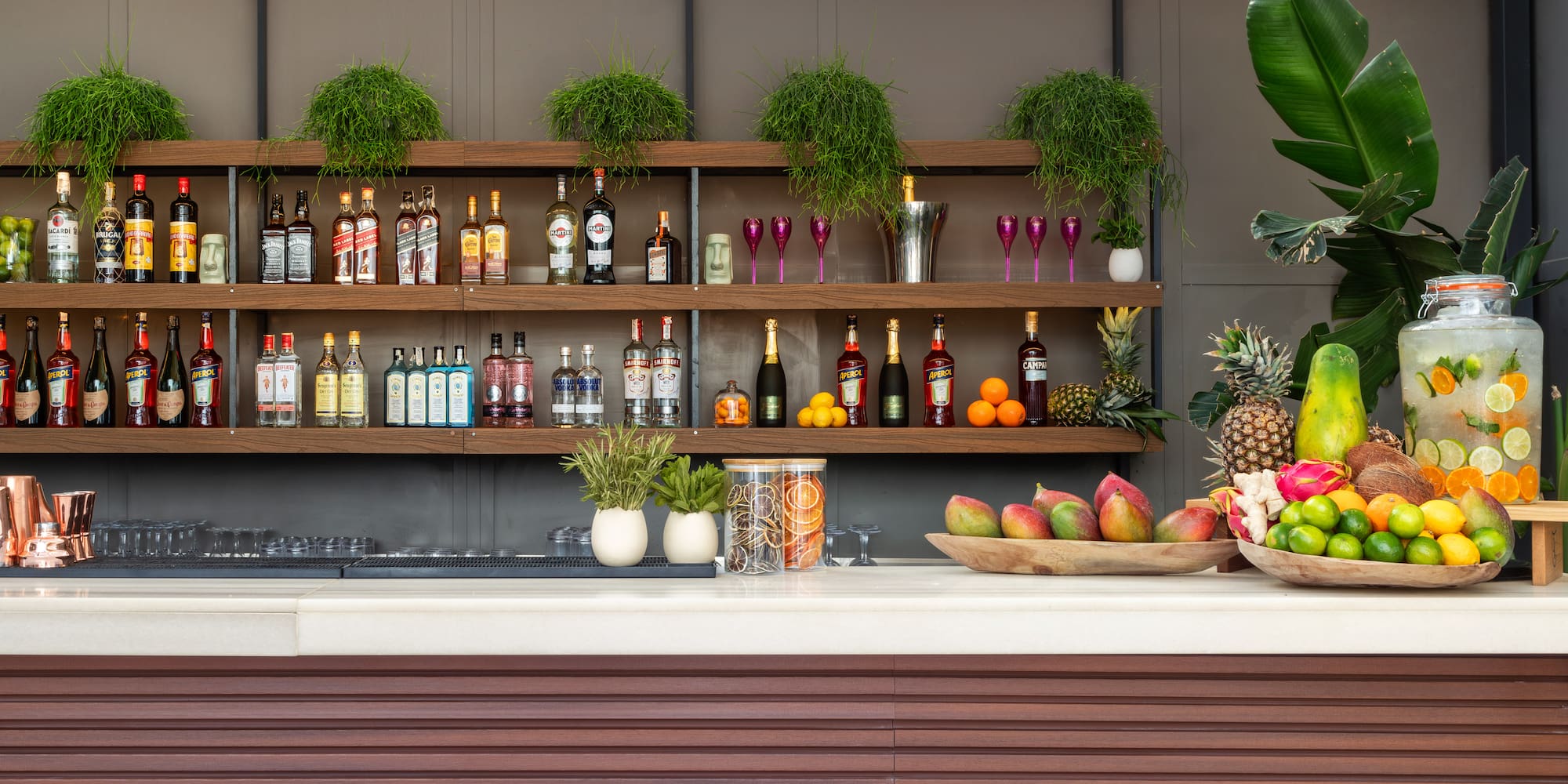 a bar with shelves of liquor and fruit