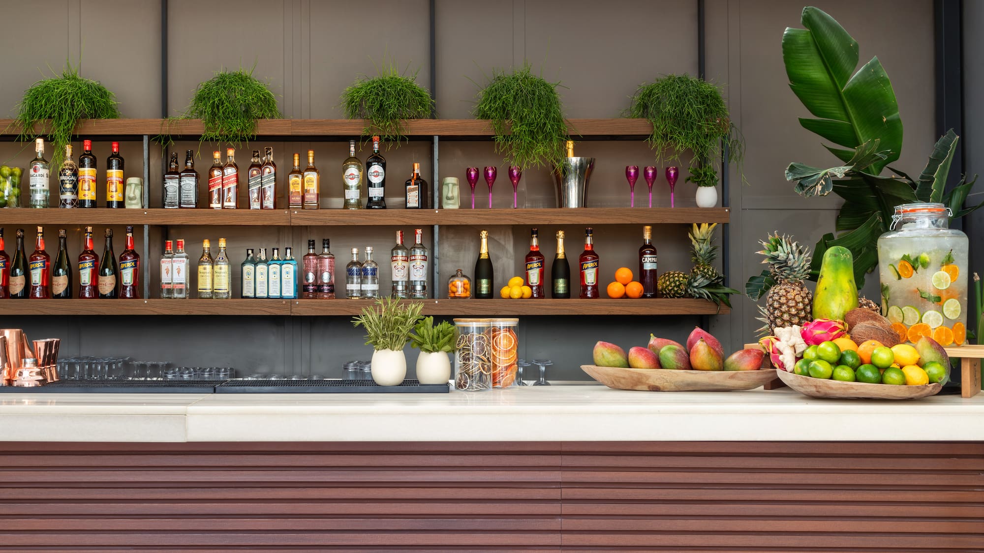 a bar with shelves of liquor and fruit