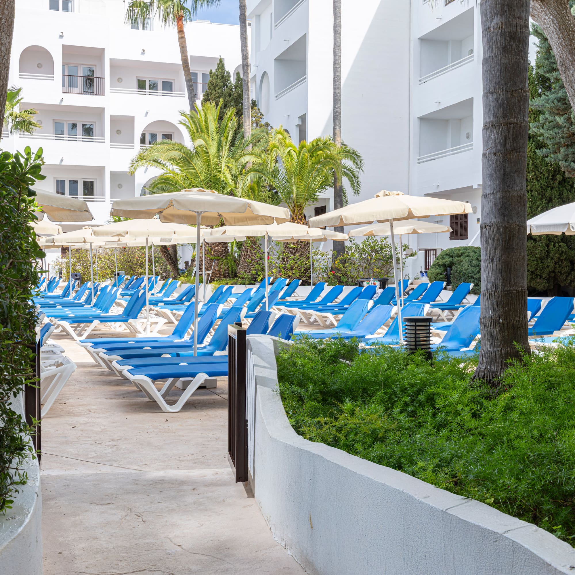 Resort pool area with blue sun loungers, beige umbrellas, and palm trees.