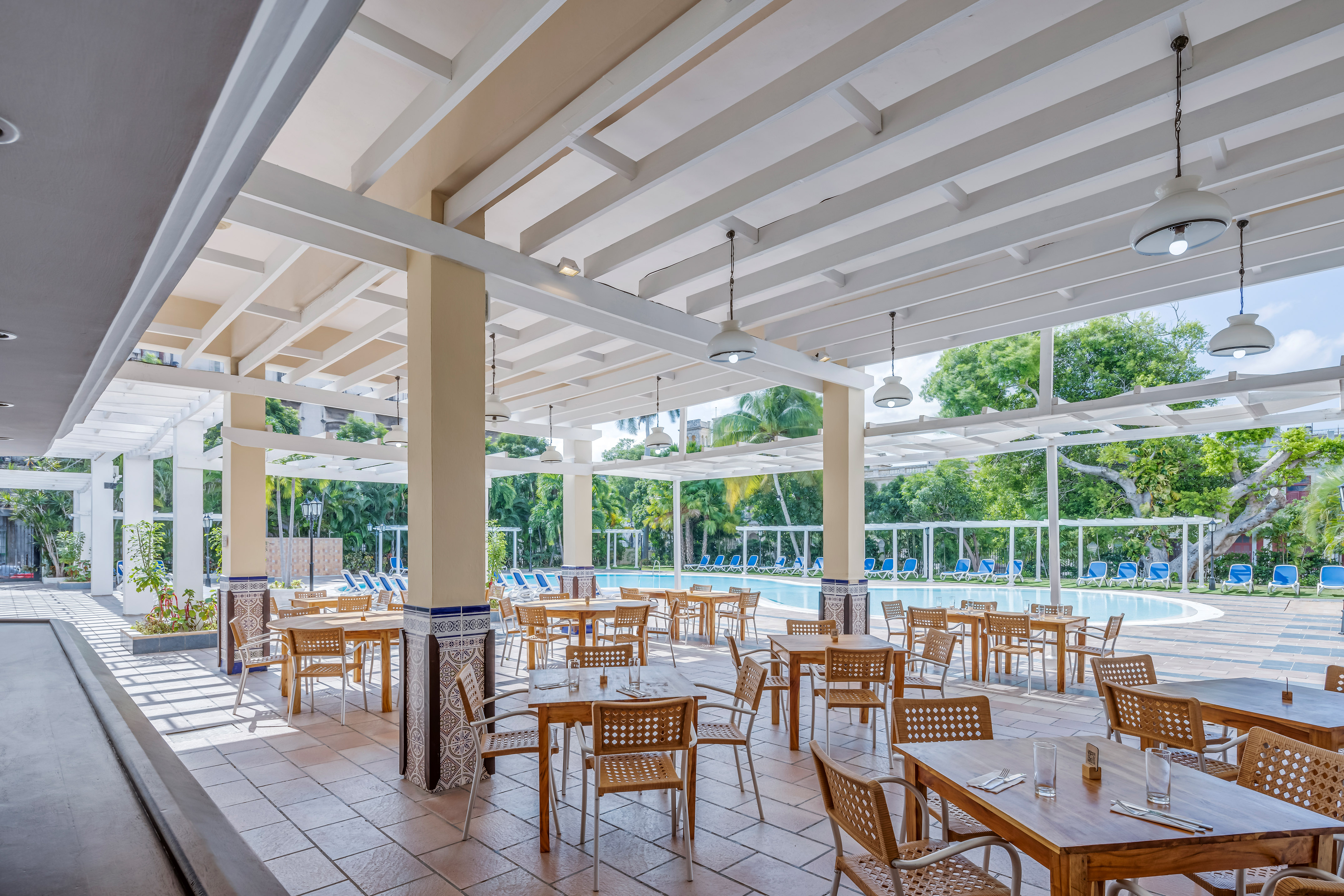 a room with tables and chairs