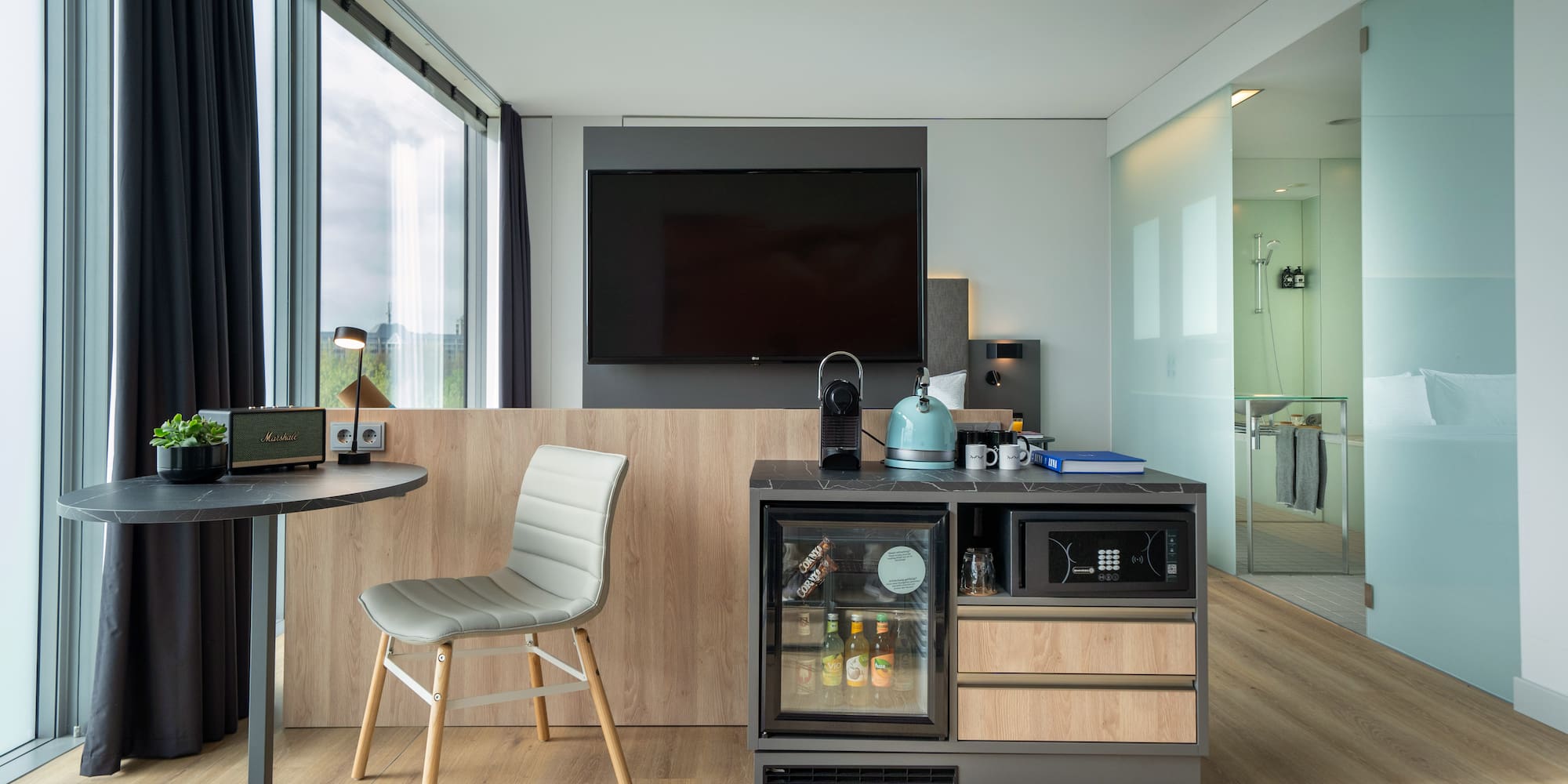 a room with a television and a table