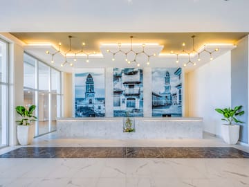 a white and marble reception area with a large plant and a large window